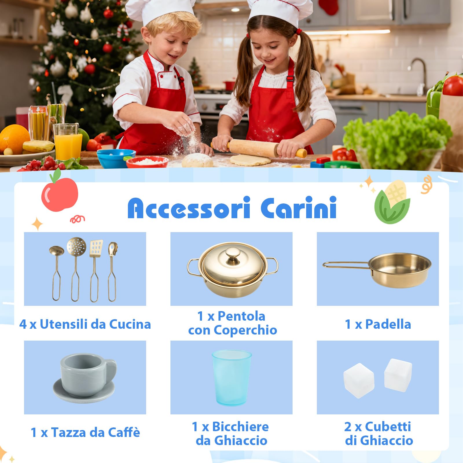 COSTWAY Cucina Giocattolo per Bambini, Cucina Legno per Bambini con Macchina per Ghiaccio, Caffettiera e Accessori, Gioco di Finzione per Piccoli Cuochi 3-6 Anni, 84 x 30 x 90 cm