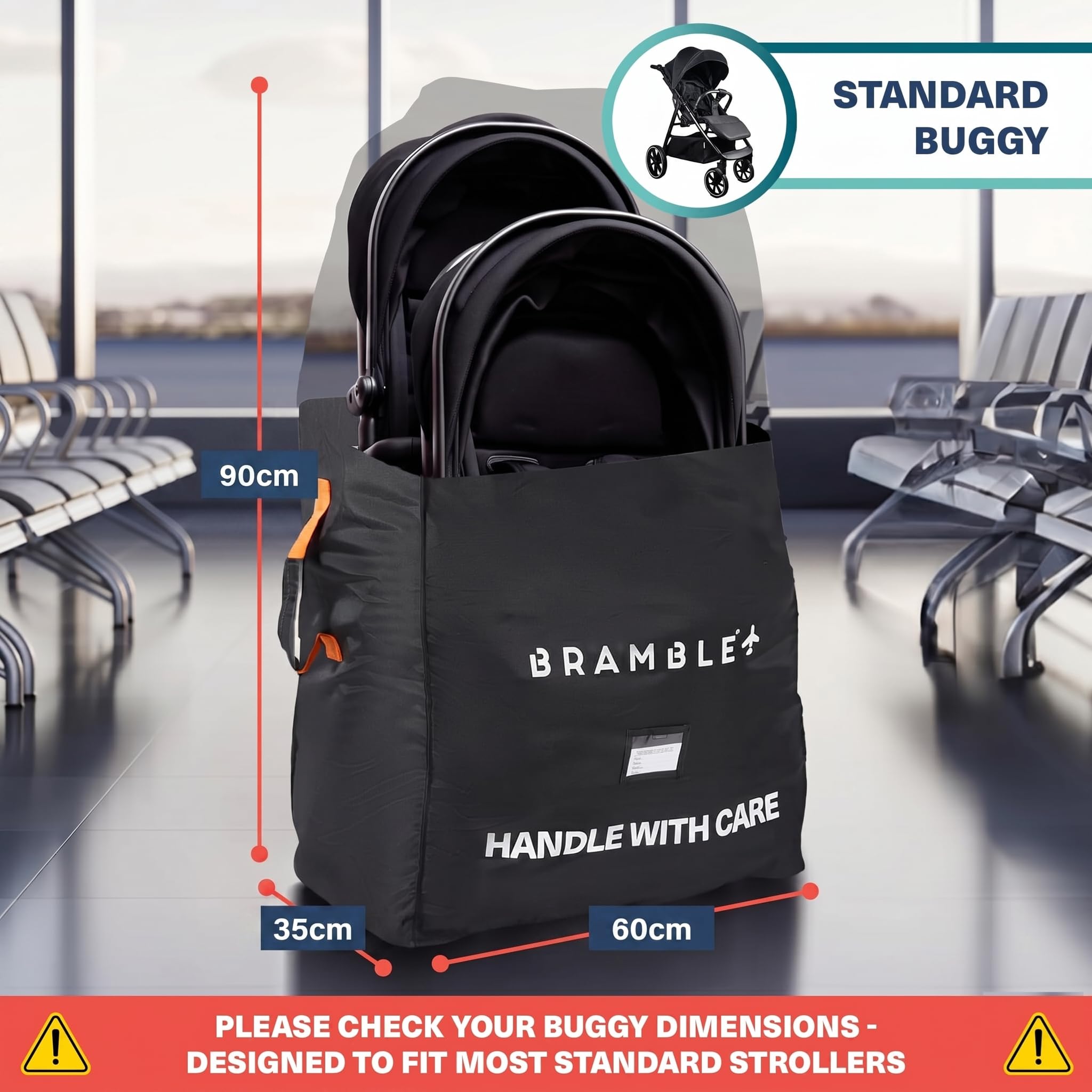 BRAMBLE - Sac de Transport Poussette pour Avion Gate Check - Nylon Balistique Imperméable avec Sangles Néoprène, Pochette & Fenêtre ID - 90 x 60 x 35 cm (Noir)