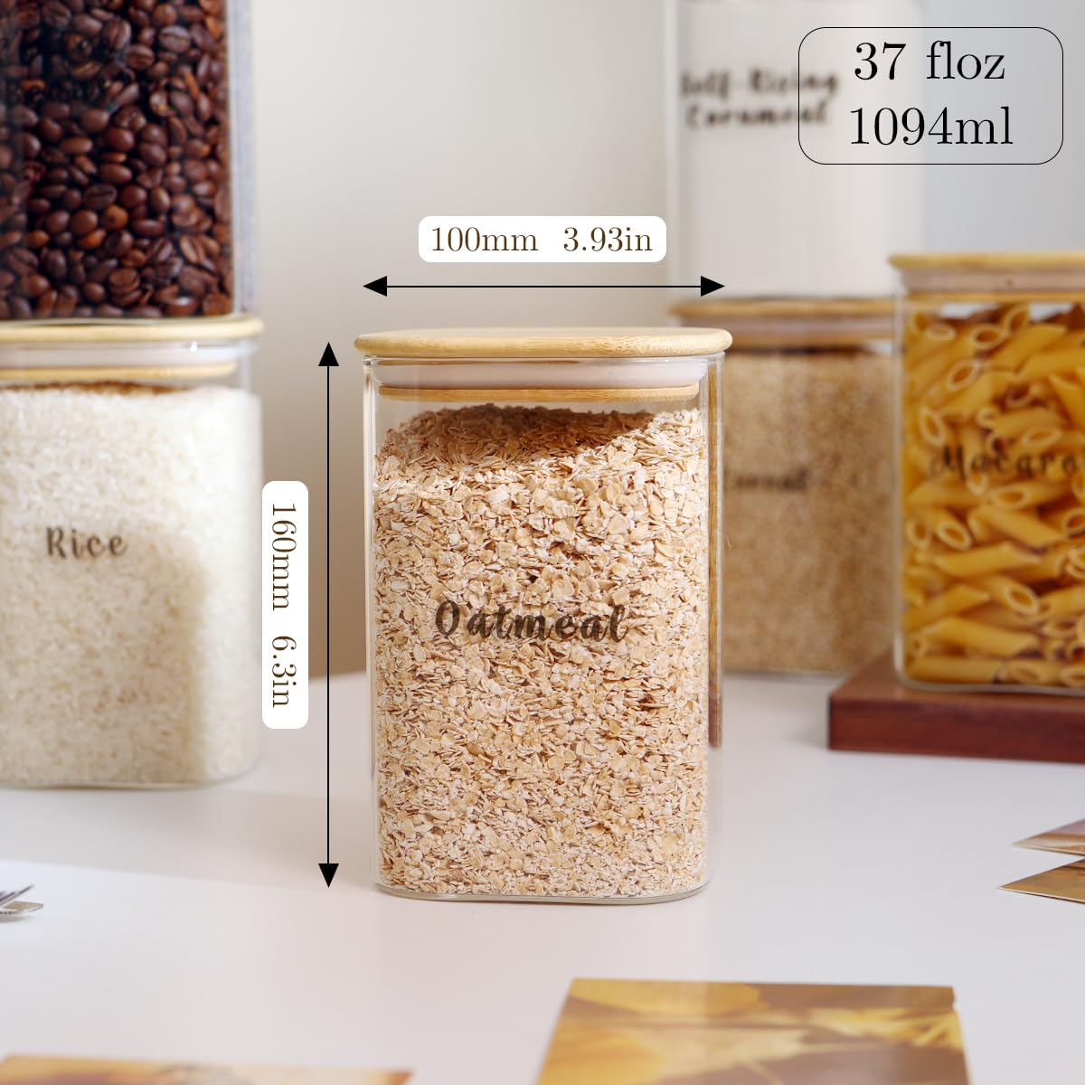 6 quadratische Vorratsdosen aus Glas mit luftdichtem Bambusdeckel und 248 transparenten Etiketten für Speisekammer, vorgedruckt, 1050 ml, dickes Glas, Lebensmittelbehälter für Kaffee, Kekse