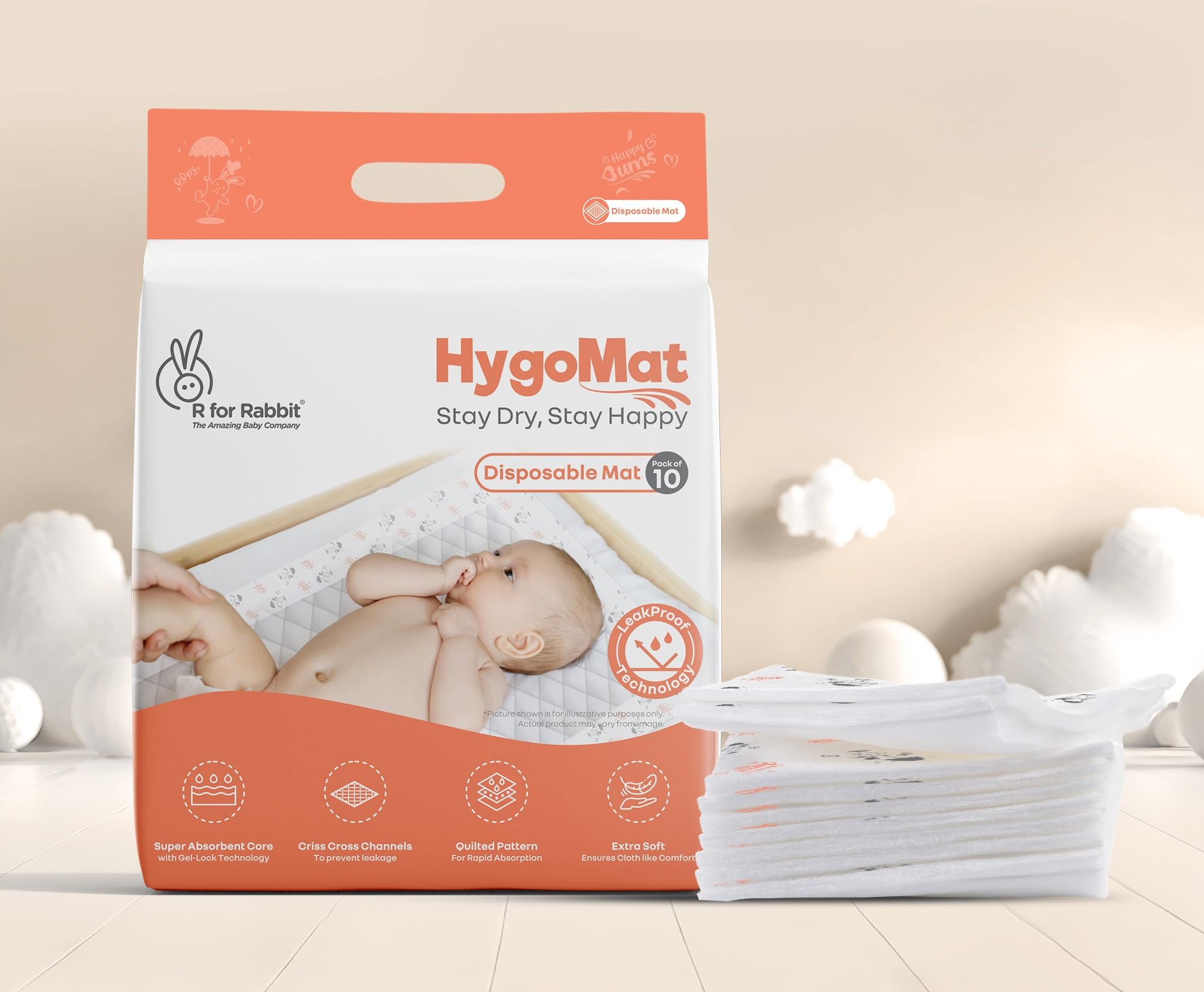 R for Rabbit Baby Disposable Changing Mats Safe, Ultra-Soft, Dry & Anti-Bacterial HygoMat Bed Protector Gel-Lock Absorbent Core 60 X 60 cm for Kids Diaper Changing Mat (Pack of 10)