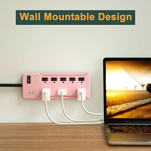 Miniatura 6 de ACOHOOK - Paquete de 3 protectores de sobretensión, 8 salidas y 3 puertos USB, cable de extensión de 6 pies (1875 W15 A), 1200 julios, para el