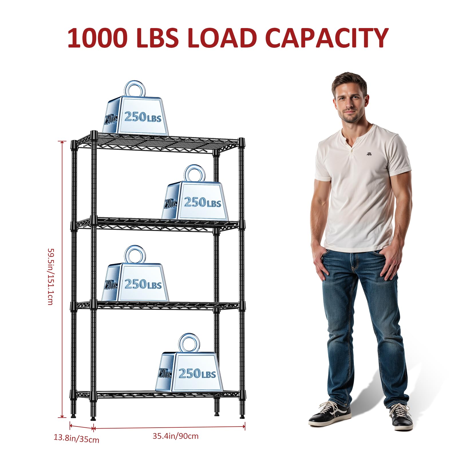 IZEUK 4-stöckiges schwarzes Metallregal, robustes Drahtregal für Garage, Küche, Bad oder Wäsche-Organisation, 453,6 kg Kapazität, 35,1 cm T x 89,9 cm B x 151,1 cm H