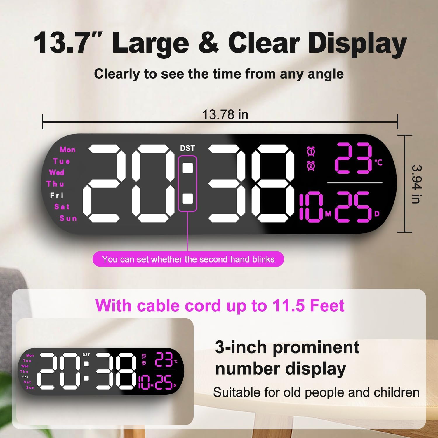 13.7" Large Digital Wall Clock – Remote Control, Dual Alarm, Big LED Display, Auto-Dimming, RGB Night Light, Auto DST – Bedroom, Living Room, Office, Purple
