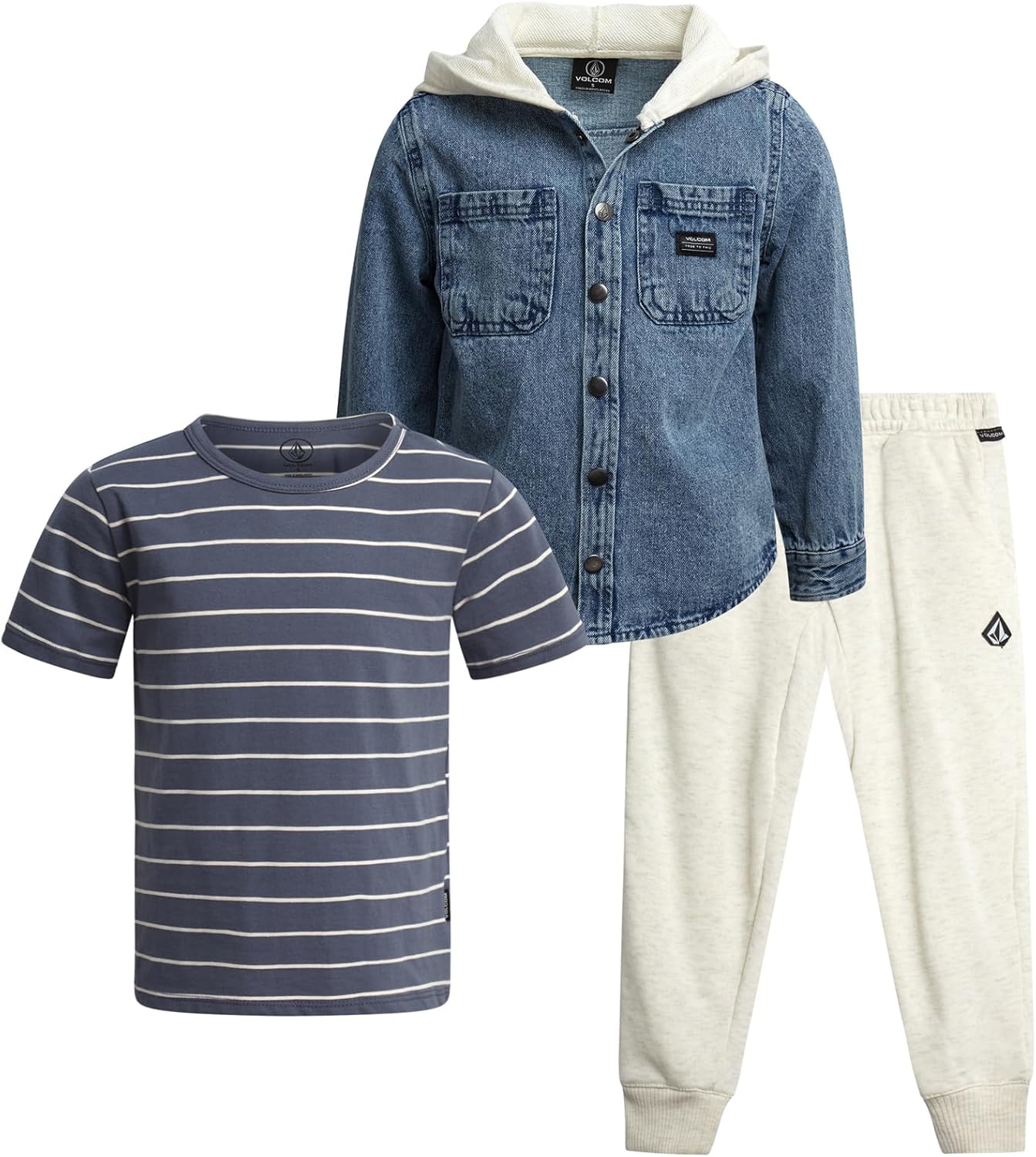 Volcom Baby Boys Pants Set - 3 Piece Sherpa Lined Soft Fleece Shacket Short Sleeve Graphic Tee & French Terry Jogger Pants