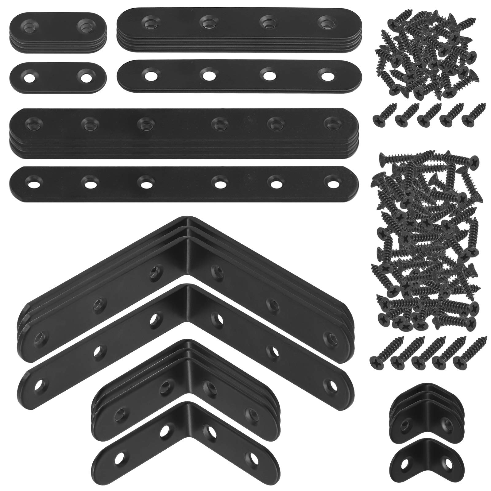 24 Sets Black Corner Braces L Brackets and Straight Braces Mending Plates Heavy Duty Assortment Kit with Screws Fasteners for Wood Shelf Chair Cabinet Furniture (20/50/100mm,40/100/160mm)