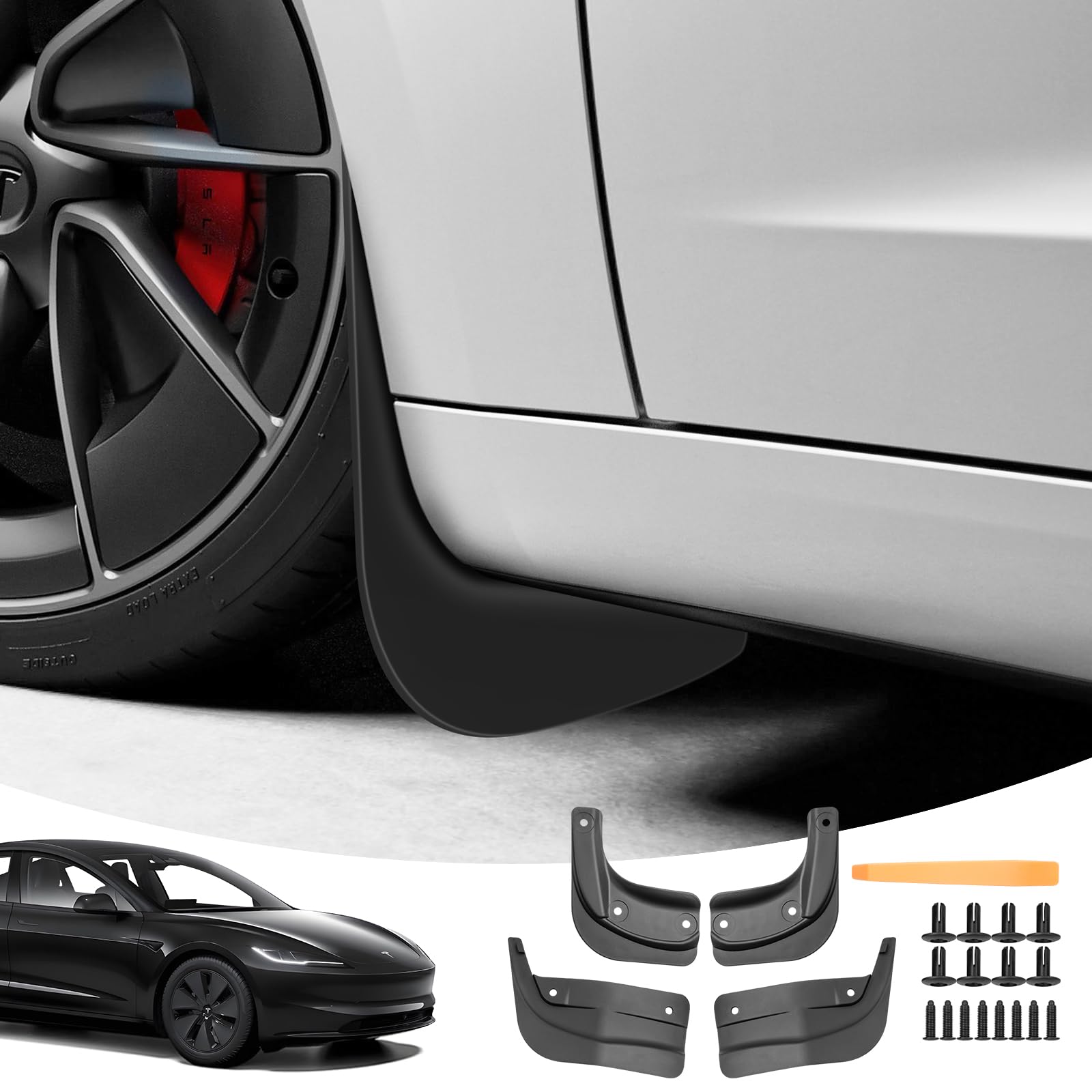 (4-Częściowy) Chlapacze dla Tesla Model 3 Highland 2024 2025 2026 | Błotniki Przednie i Tylne ze Śrubami Montażowymi, Tworzywo ABS, Nie Wymaga Wiercenia, Akcesoria Każdą Pogodę