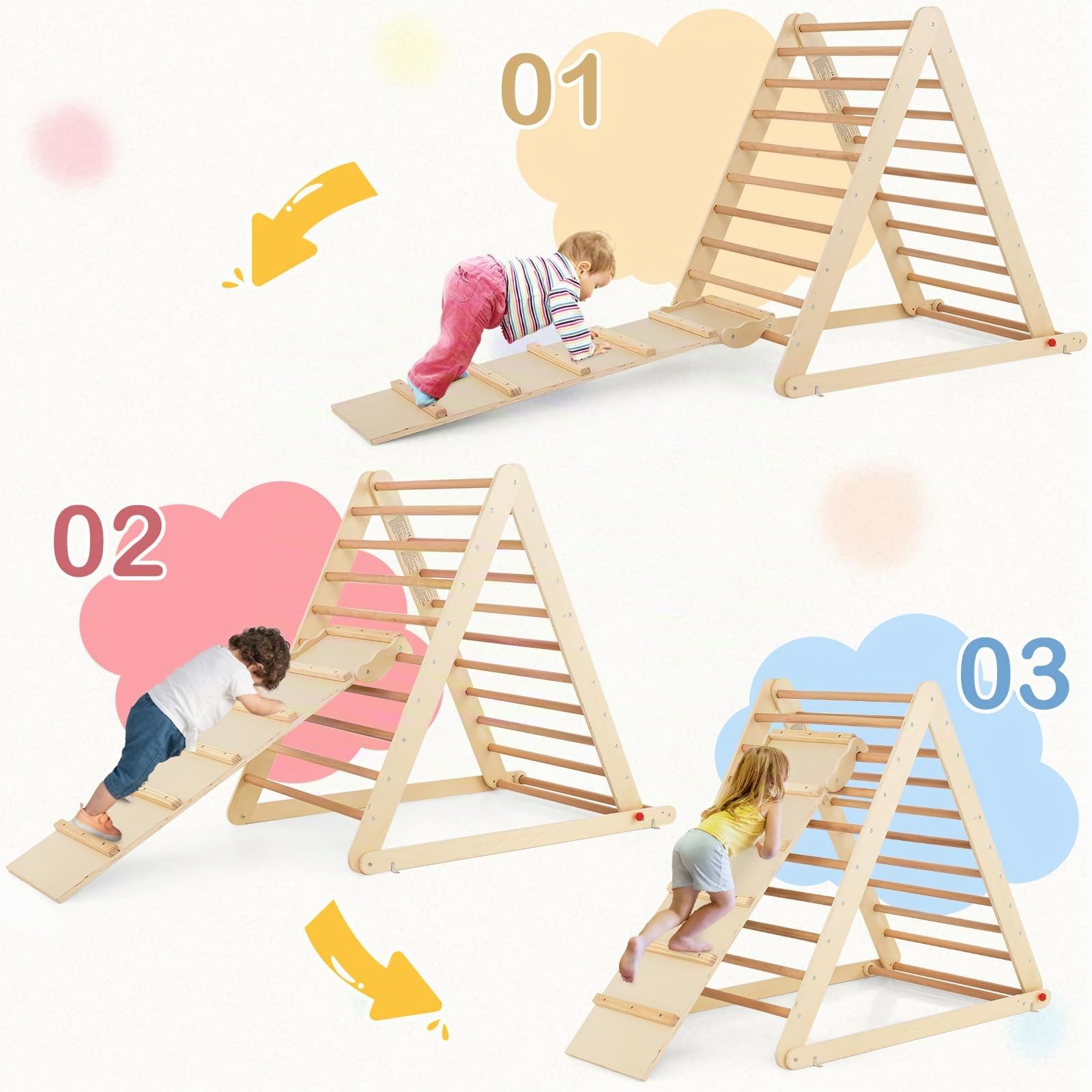 COSTWAY Triangolo a Gradini, Scala Giochi Arrampicata a Triangolo, con Scivolo, Palestra Coperta da Casa, Legno, Ideale per Bambini 3+ Anni (naturale)