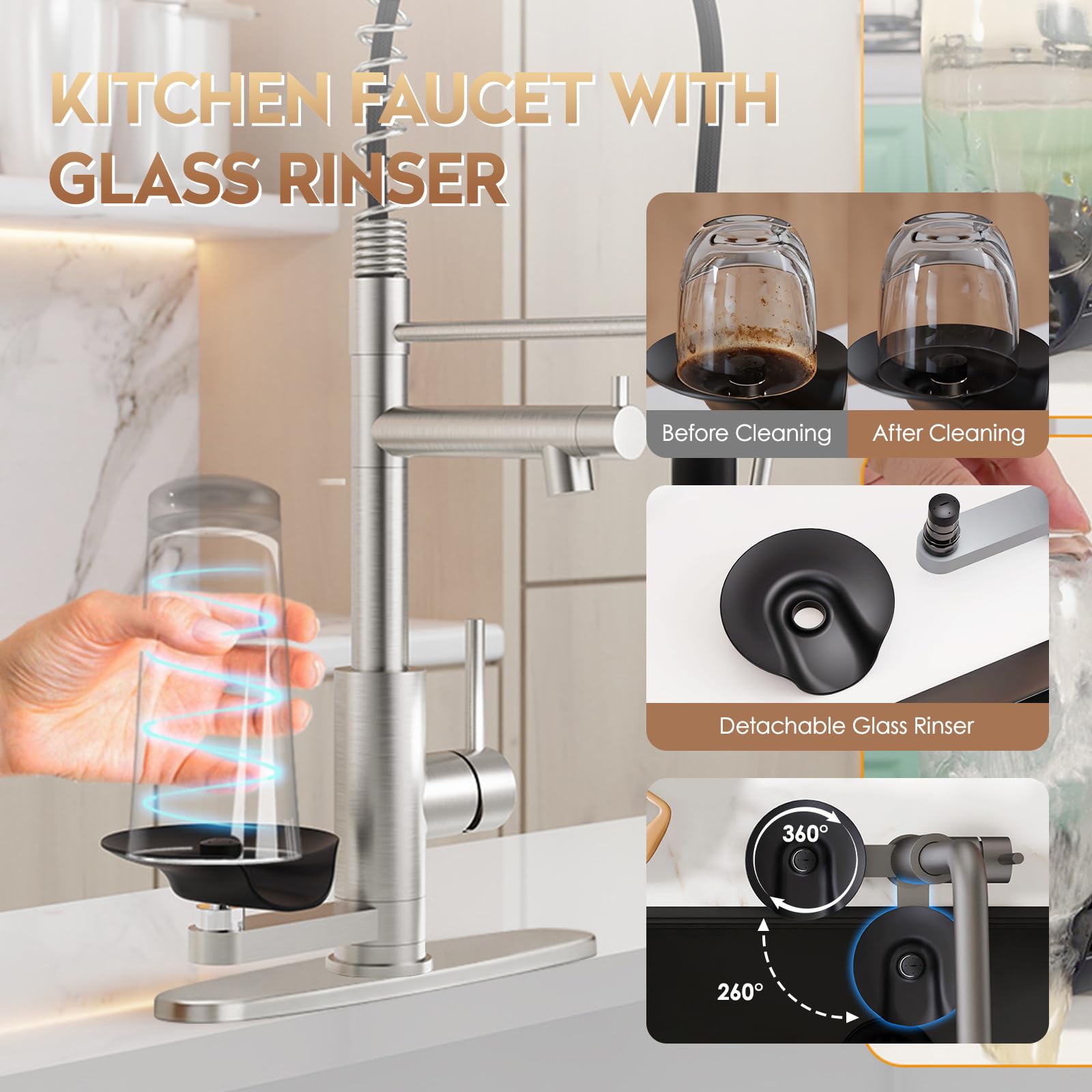 Wasserhahn Küche Hochdruck, Edelstahl 304 Gewerbefederarmatur mit Spülbecherhalter, 2 Wasserstrahlarten, 360° Schwenkbar, Einhandmischer