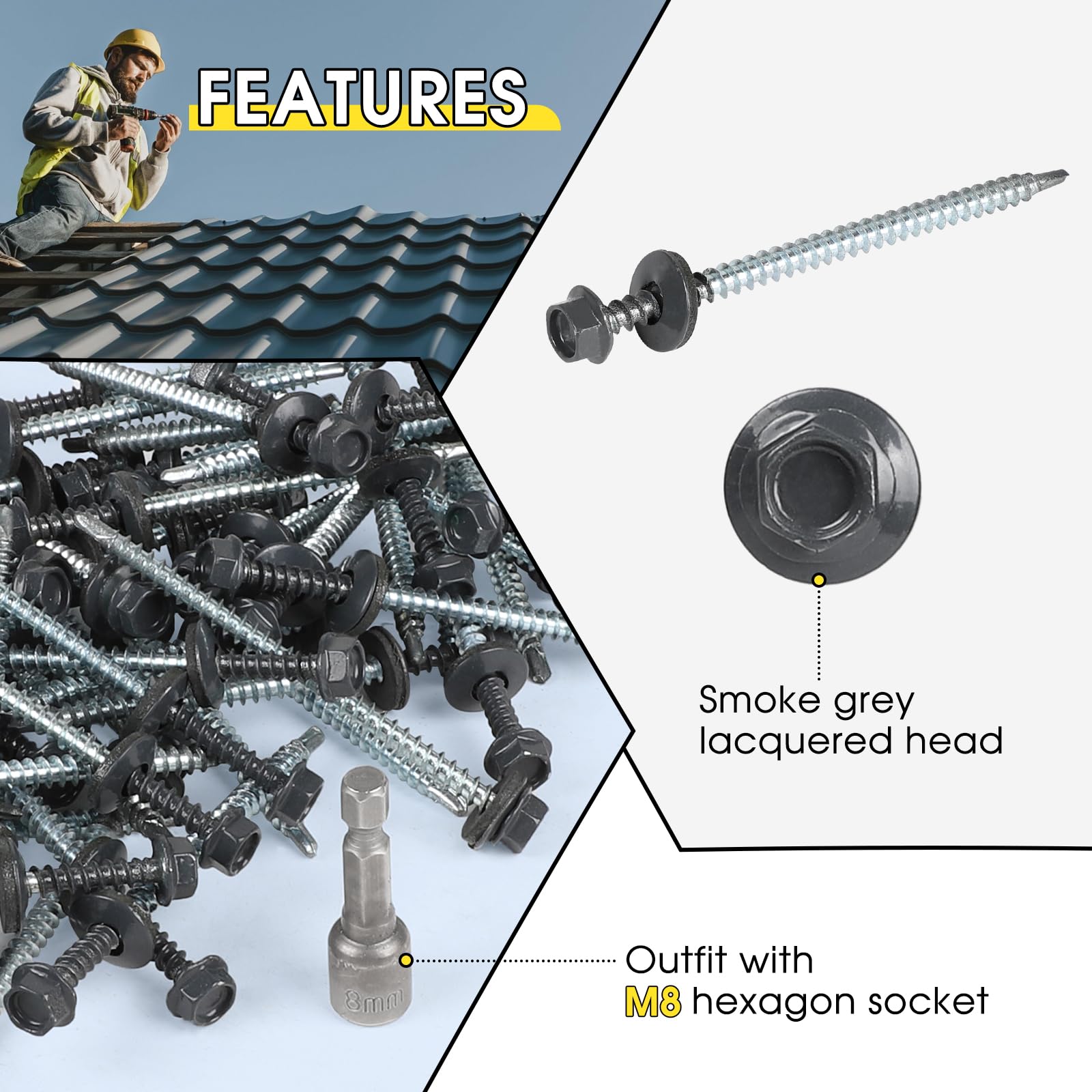 100 Selbstschneidende Schrauben 4,8 x 80 mm Sechskant Spenglerschrauben mit Dichtscheibe Dachschrauben Verzinkt Sechskantkopf mit 1 Sechskant Bit Steckschlusselsatz Trapezblechschrauben, Grau