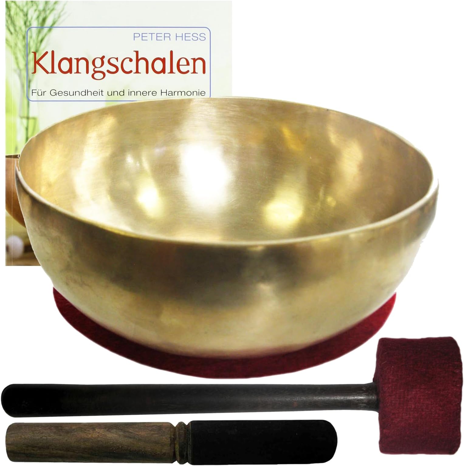Peter Hess Singing Bowl Nepal Himalaya Singing Massage Set with Four Pieces and Book | Frequency Response: Giant Therapy Singing Bowl | Approx. 9 10 kg Approx. 48 – 50 cm diameter # 70042 | with Cushion/Leather Clapper and Book.