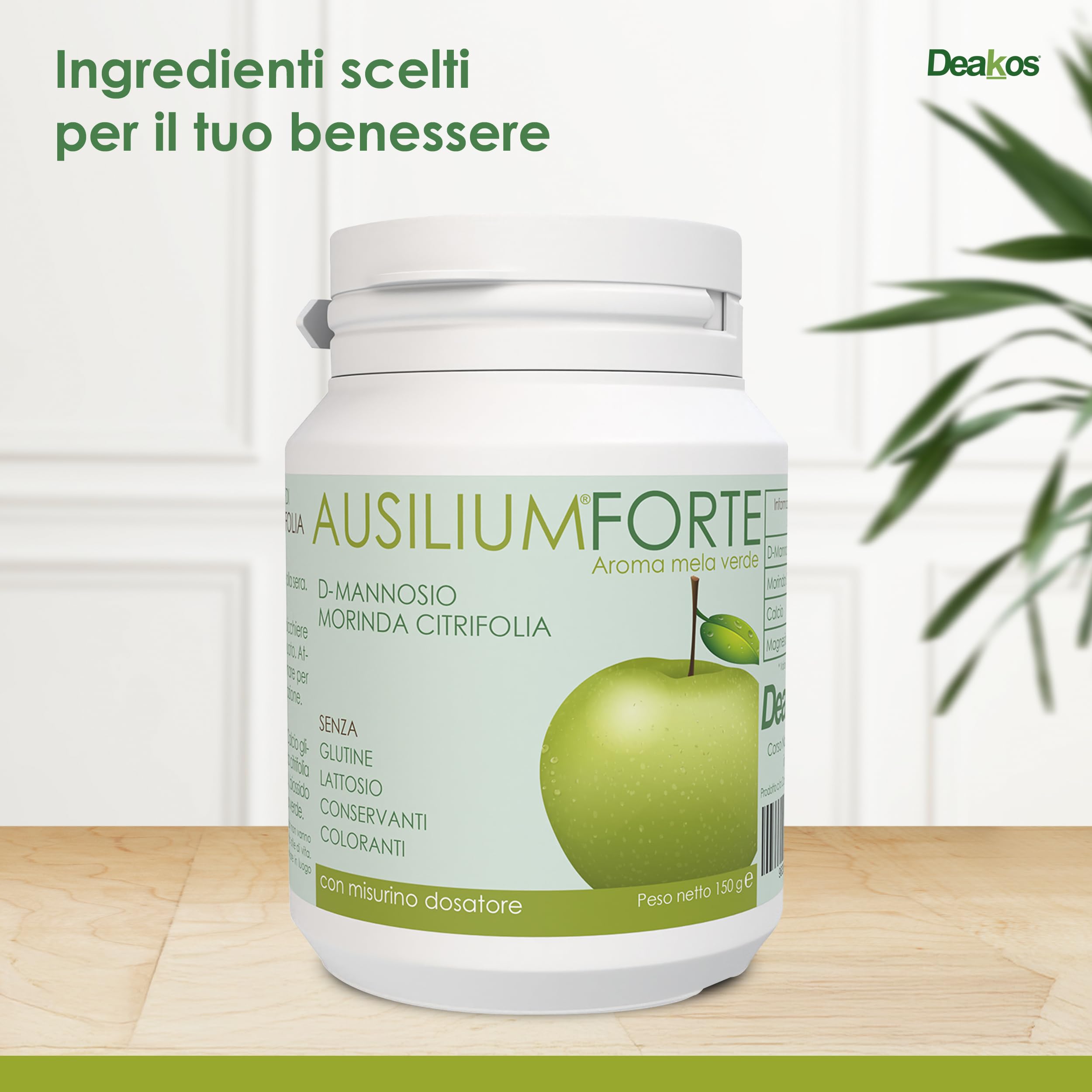 Deakos Ausilium Forte 150g - Integratore Cistite Donna e Benessere delle Vie Urinarie - In Polvere Gusto Mela Verde - A base di D Mannosio Puro e Morinda Citrifolia - Senza Glutine e Lattosio