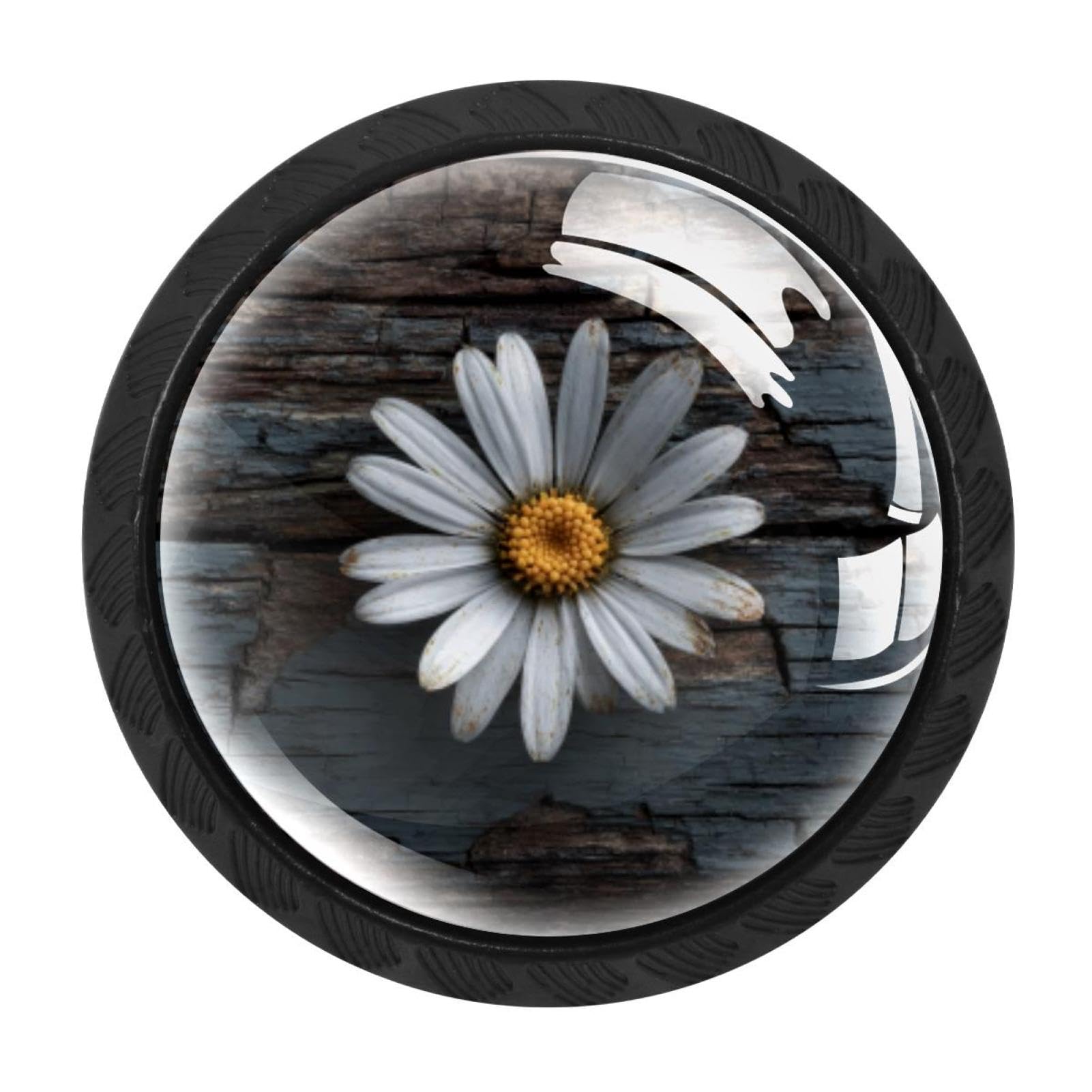 CHENZZZZ 4 PCS Daisy on Old Wooden (3) Crystal Glass Cabinet Knob Drawer Pull Handle for Kitchen Cupboard Dresser Wardrobe etc