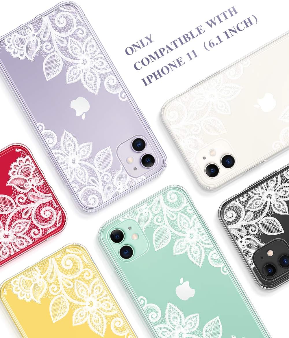 GVIEWIN Noble Series Designed for iPhone 11 Case, Clear Soft TPU Bumper & Hard Back with Floral Pattern Slim Lightweight Graceful Phone Cover for iPhone 11 6.1 Inch 2019 (Lace Flower/White)