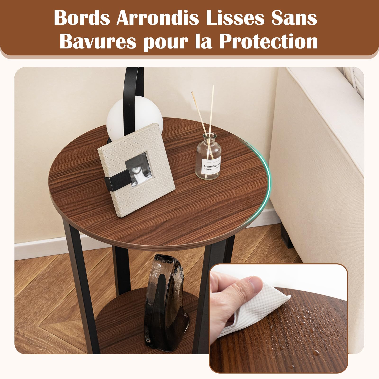 COSTWAY Table d'Appoint Ronde, Bout de Canapé 2 Niveaux en Bois, Cadre en Métal, Petite Table Basse pour Salon, Balcon, Chambre, Bureau, Industriel (Noyer)