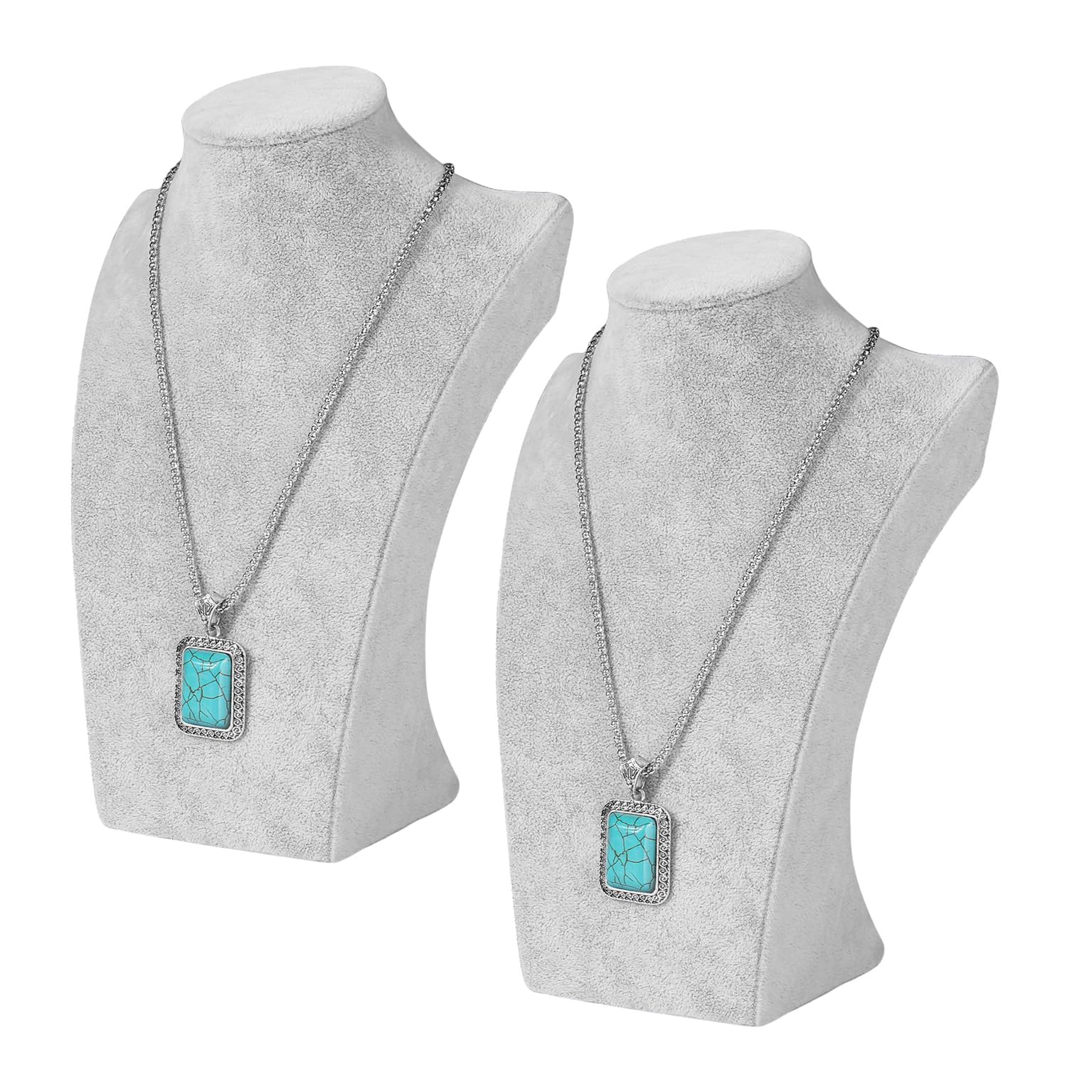 Flexzion Necklace Bust Display Stand (2 Pack) - 10 Inch 3D Mannequin Gray Velvet Necklace Display Holder for Home, Boutique & Trade Shows - Jewelry Display for Selling Necklace, Pendants, Lockets