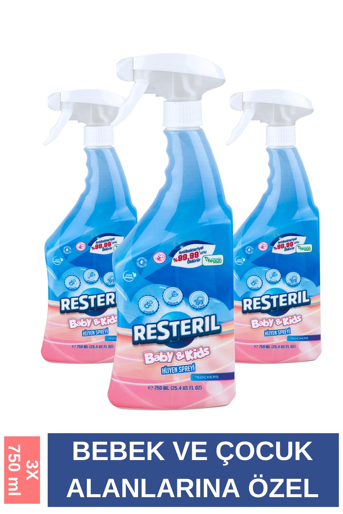 Resteril Doğal Alkolsüz Bebek Dezenfektan Su Bazlı Çocuk Alanı Yüzey Temizleyici Hijyen Spreyi Seti 3x750ml