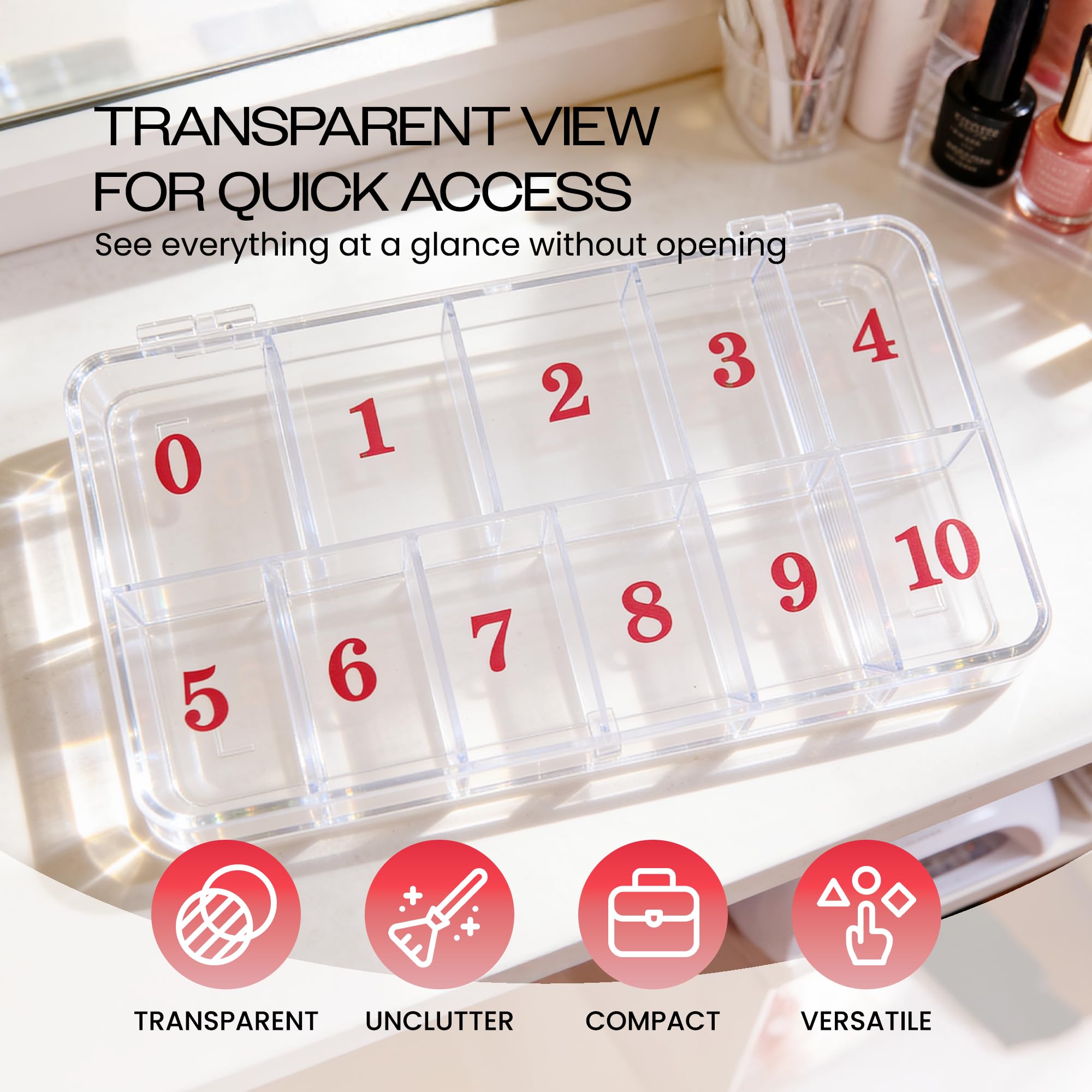 Beauticom USA - Caja organizadora de 11 espacios vacíos para puntas de uñas postizas, vitaminas, accesorios, 11 secciones