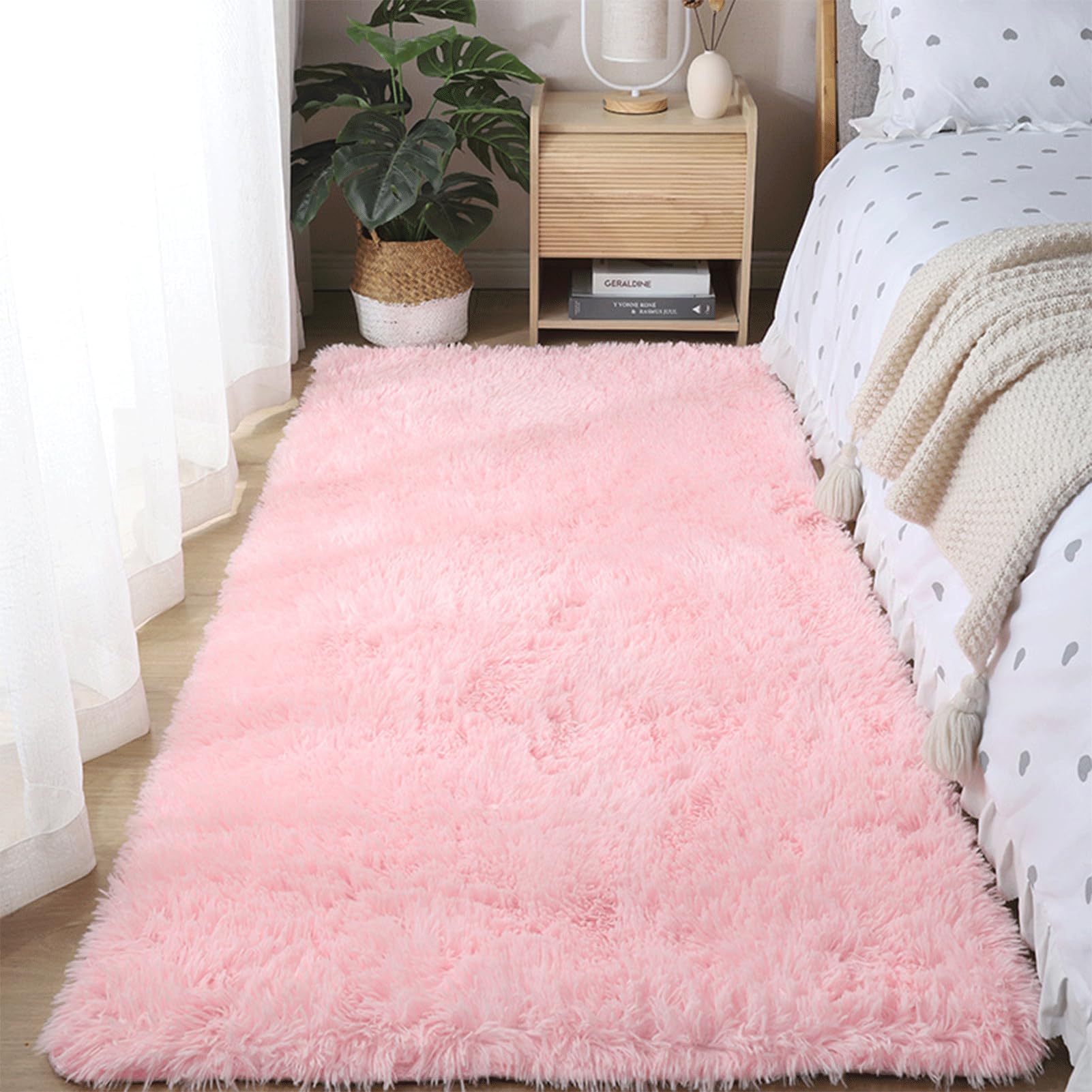 Shaggy Deep Pile Carpet for Living Room, Bedroom & Children's Room, Fluffy Non-slip Washable Modern Area Rug, Runners & Hallway, Kitchen, Pink, 50x160cm