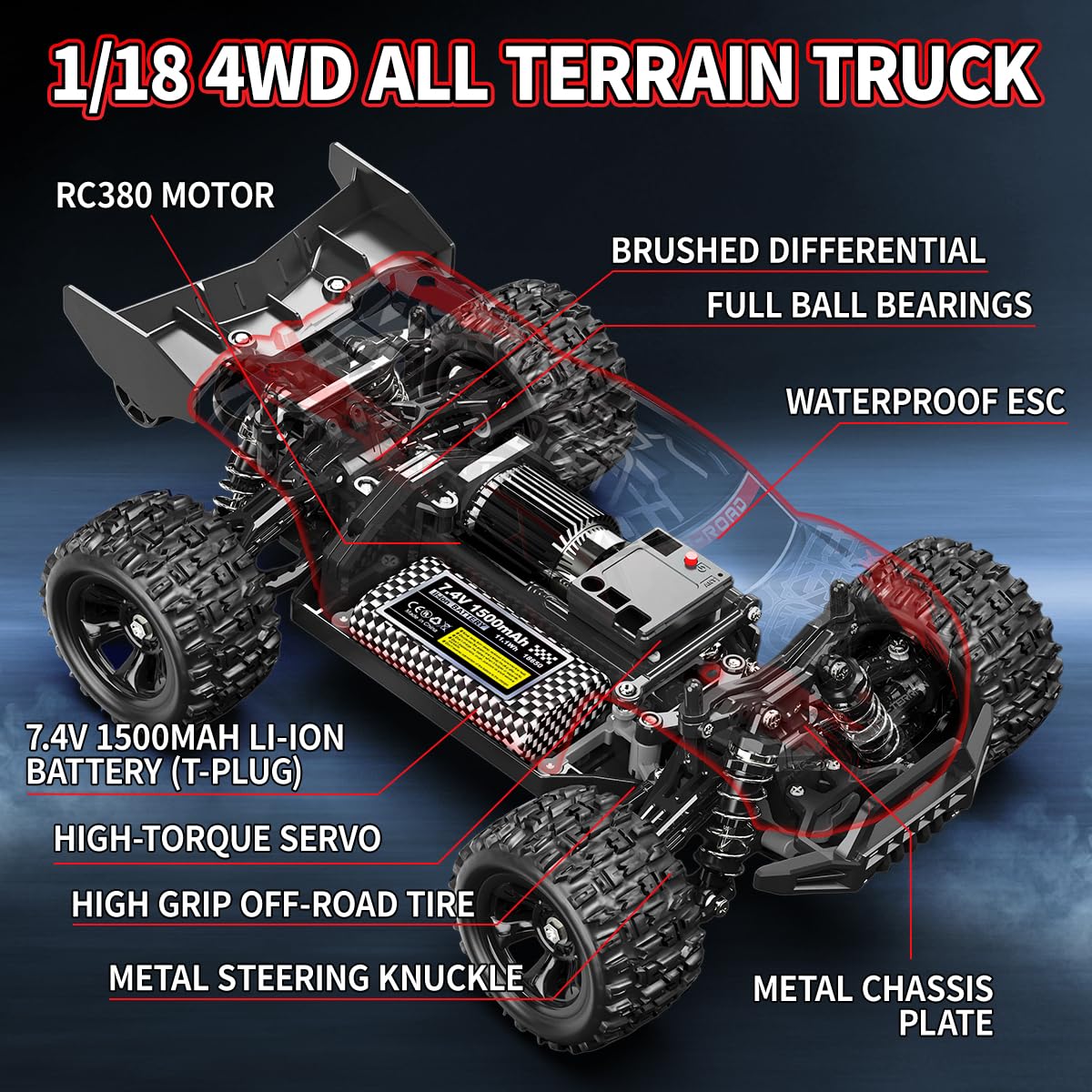 Macchina telecomandata professionale 1:18 4x4 tutto terreno, auto RC ad alta velocità 36 km/h con doppia batteria 1500 mAh e doppia carrozzeria, Monster Truck per adulti e ragazzi