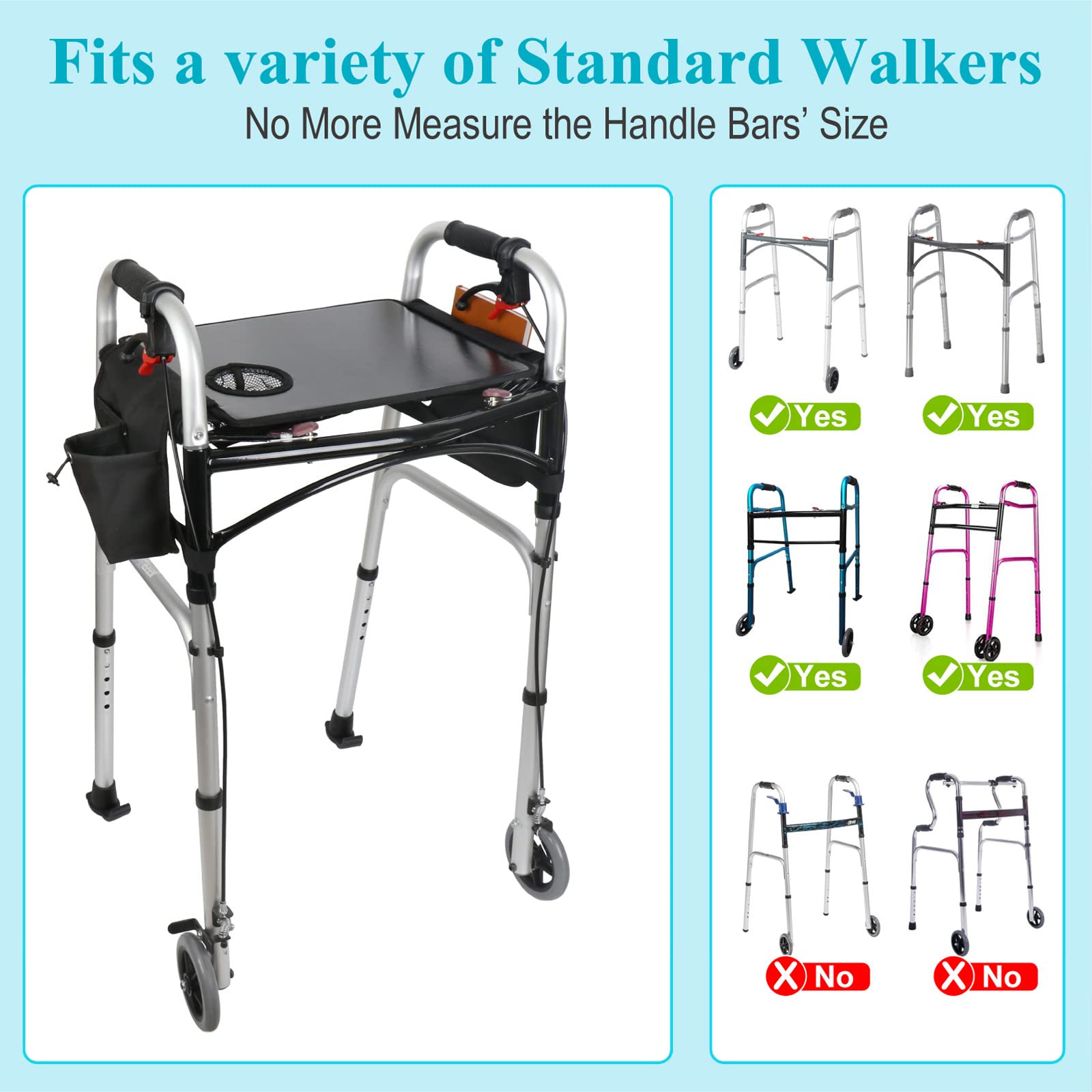 Dotday Bandeja para andador con bolsillos de malla, mesa universal con portavasos para andador plegable estándar, accesorios para andador de movilidad, bandeja para andador, equipo médico para