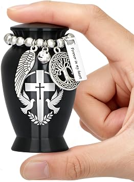 Small Cremation Urns for Human or Pet Ashes, Mini Metal Sharing Keepsake Urn for Adults, Elegant Black Decorative Funeral Memorial Urn with Engraved Cross, Tree of Life & Angel Wing Charm