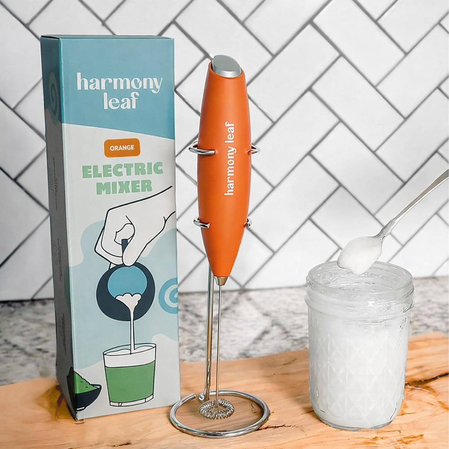  Handheld Milk Frother, Stainless Steel Electric Drink Mixer with Stand, Battery Operated Coffee Frother for Lattes, Matcha, Hot Chocolate and More, Orange thumbnail