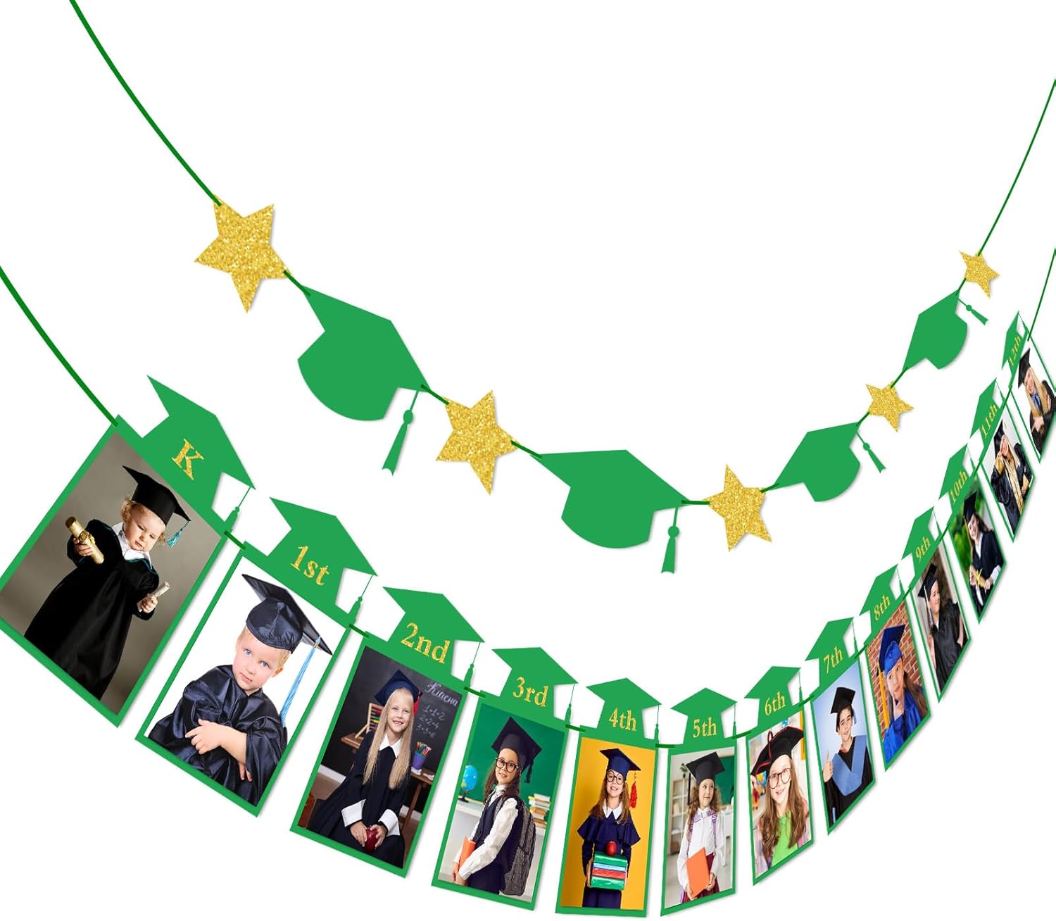Whaline 2Pcs Graduation Photo Banner, 2026 Congrats Grad Banner, No DIY Require Hanging Bunting, Kindergarten to 12th Grade Picture Garland, Green Gold Glitter Banners for Grad Party Decor, 5 x 7 inch