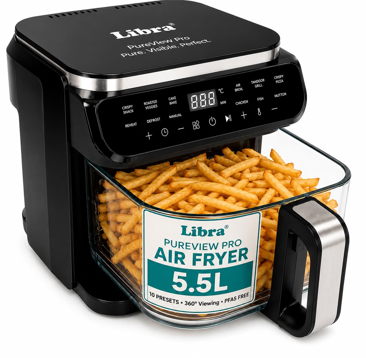 Libra 5.5 L Glass Air Fryer Oven - Multifunction Digital Air Fryer for Home | PTFE-Free Non Toxic Glass Bowl, 1500W, 12 Presets, Air Fry Grill Roast Dehydrate,180° Visible Window, 1 Year Warranty-image-20