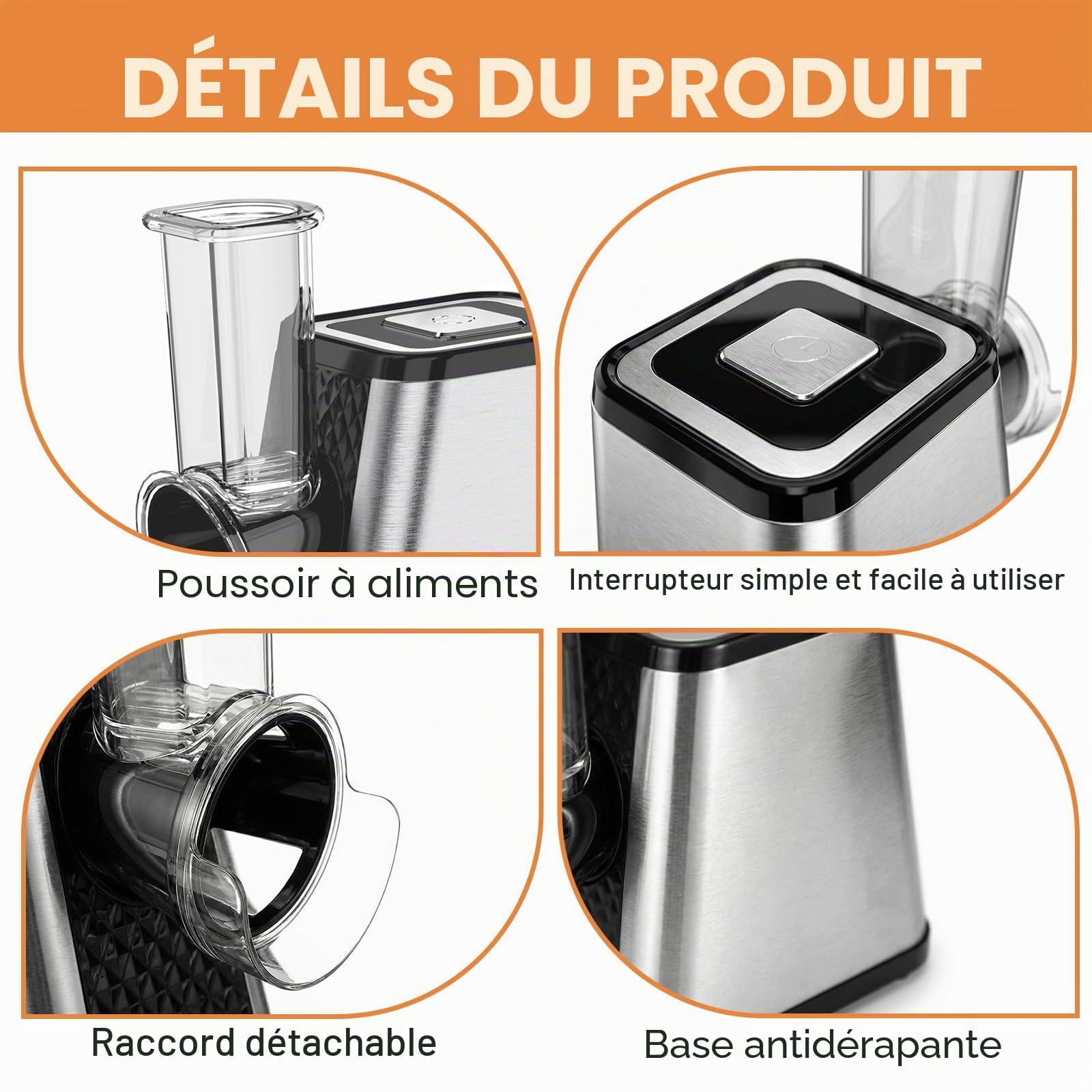 Coupe-légumes électrique 5-en-1, Râpe à légumes électrique 500W avec 5 lames en inox pour fromage, légumes, fruits – Robot râpe et trancheur multifonction