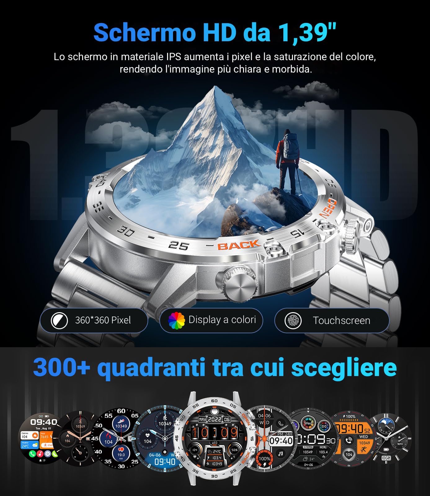 LIGE Orologio Smartwatch Uomo, 1.39" Smart Watch con Frequenza Cardiaca, Pressione Sanguigna, SpO2, Durata del sonno, 300+ Quadranti, 100+ Sports Fitness Tracker per Android iOS, IP67, Argento