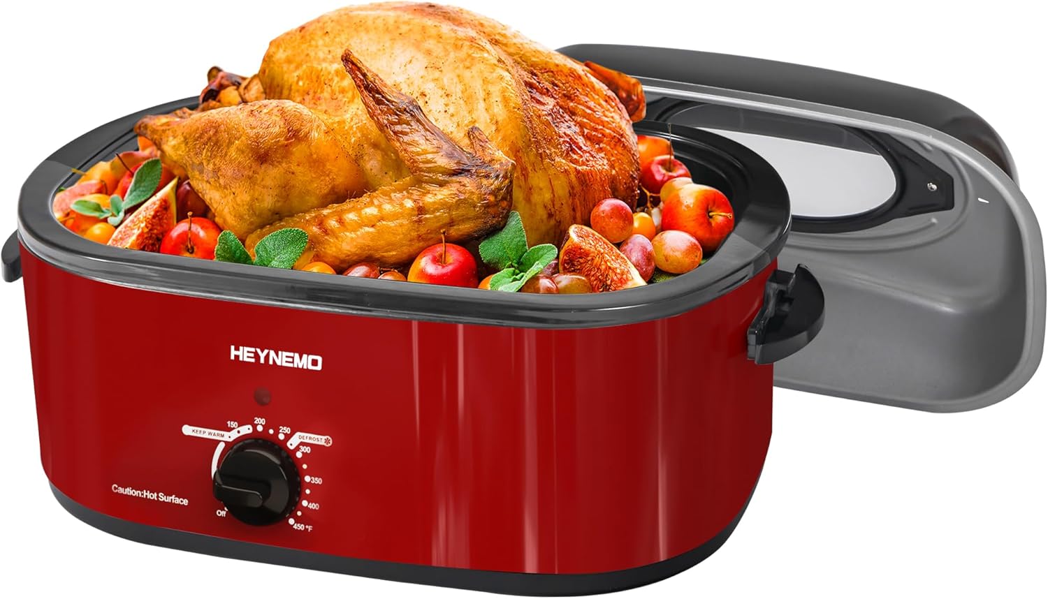 Turkey Roaster Oven Buffet with Self-Basting Lid, 1450W Electric Roaster Oven with Cool-Touch Handles, Stainless Steel with Removable Pan and Rack, Red 26QT Red
