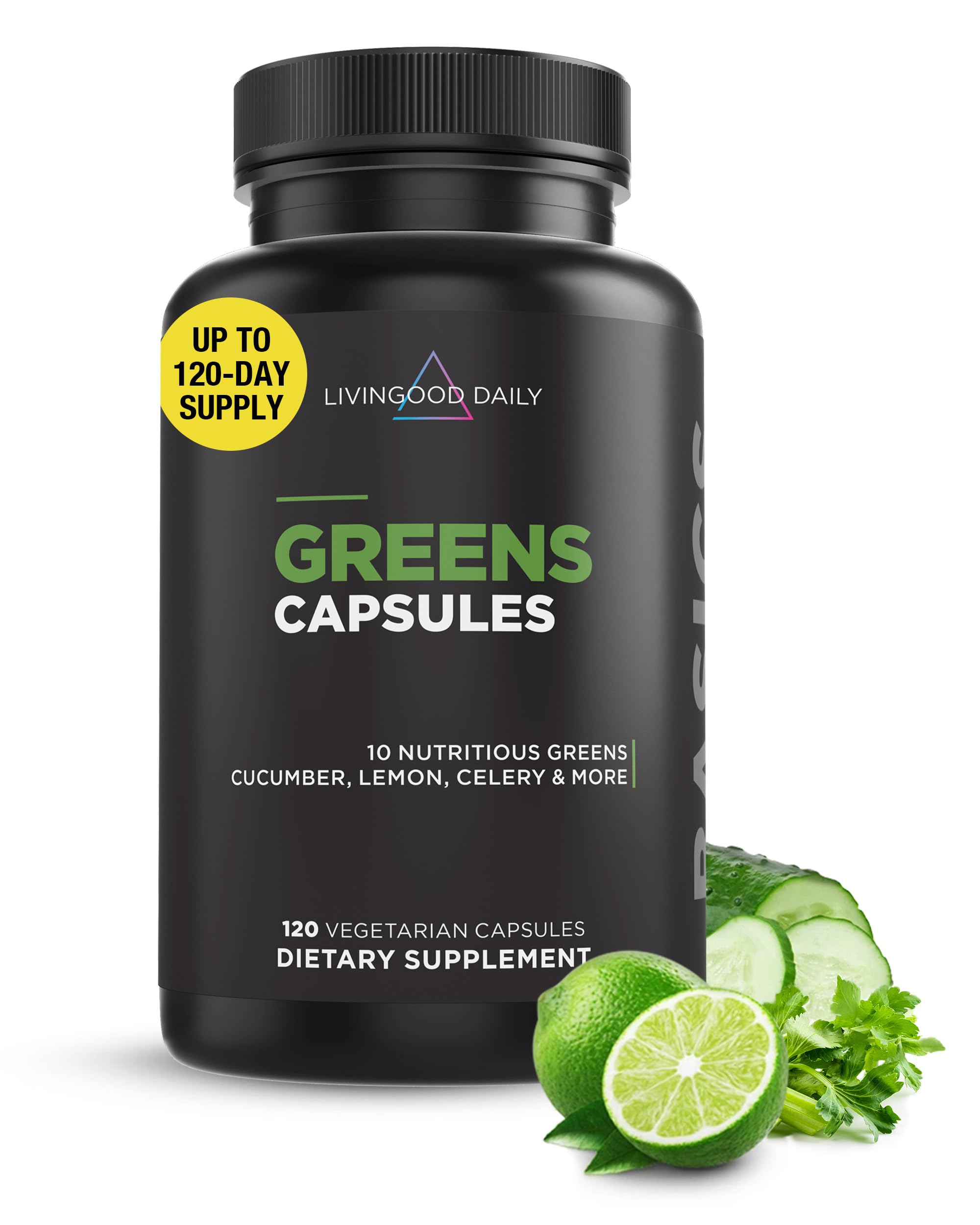 Greens Capsules, Super Greens Supplement with Spirulina, Chlorella, Broccoli, Spinach, Celery, Lemon & More, Plant Based for Digestion & Gut Health, Non GMO, Vegetarian, 120 Ct