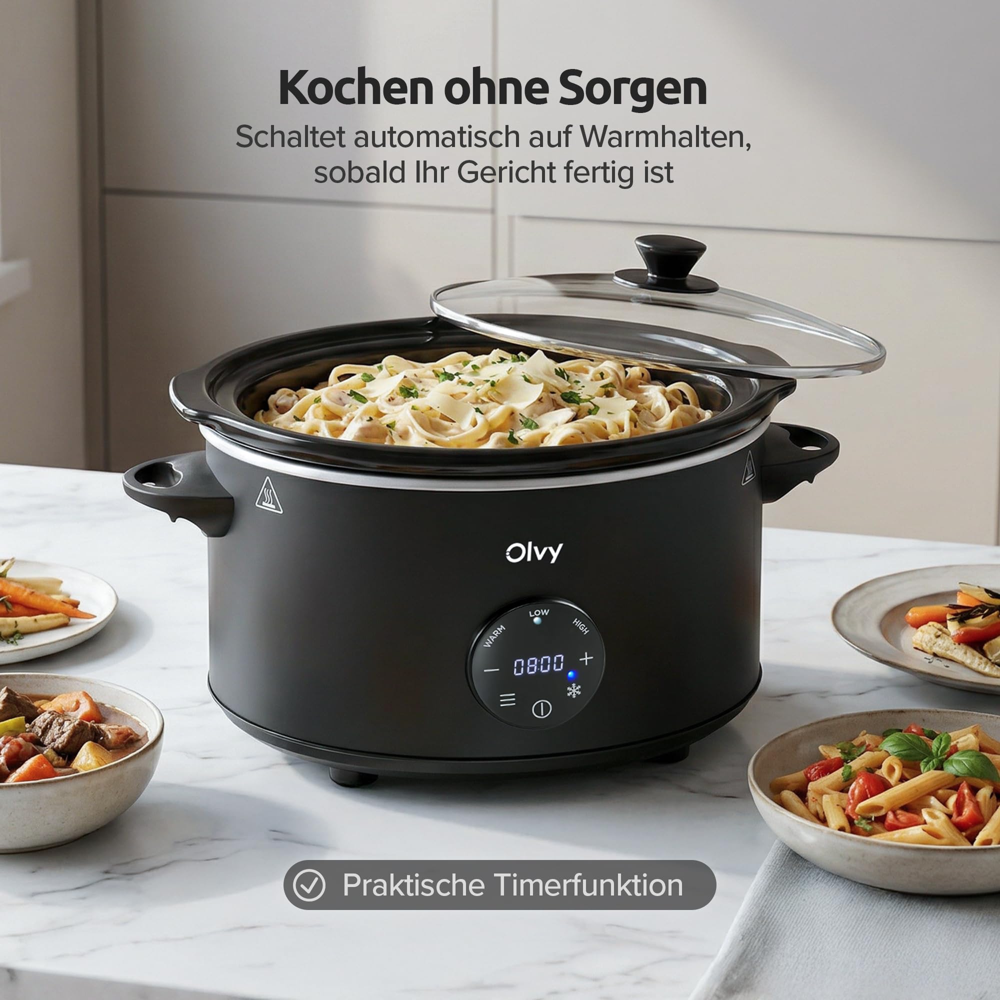 Olvy Slow Cooker 6L PRO Digital Schongarer mit Timer Warmhaltefunktion Auftaufunktion 24h Timer 3 Stufen Familie Meal Prep