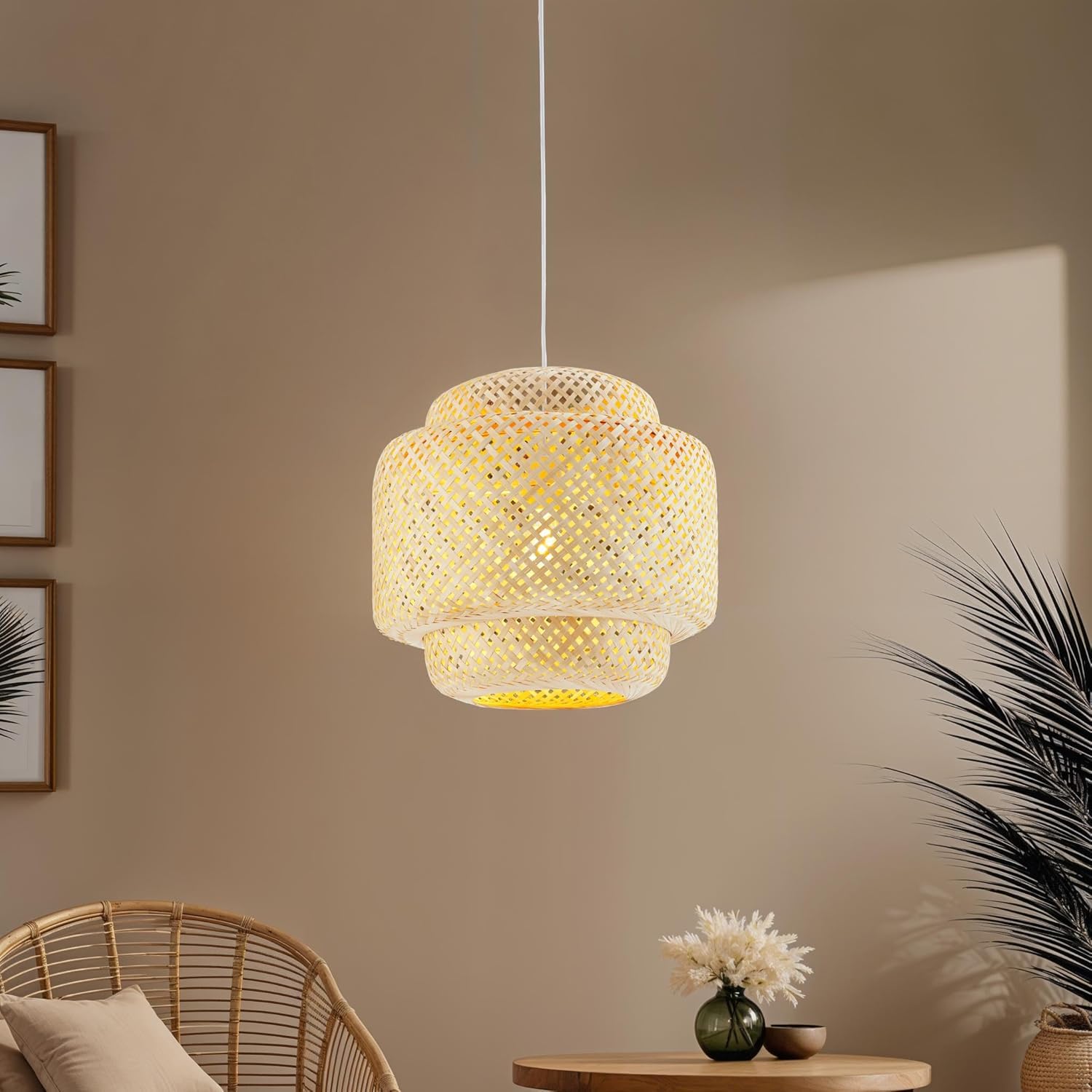 tectake® Lampada da Soffitto con Paralume in Bambù Intrecciato, Plafoniera Grande per Salotto o Camera, Stile Boho Chic, Telaio Robusto in Acciaio, Cavo Regolabile - Marrone