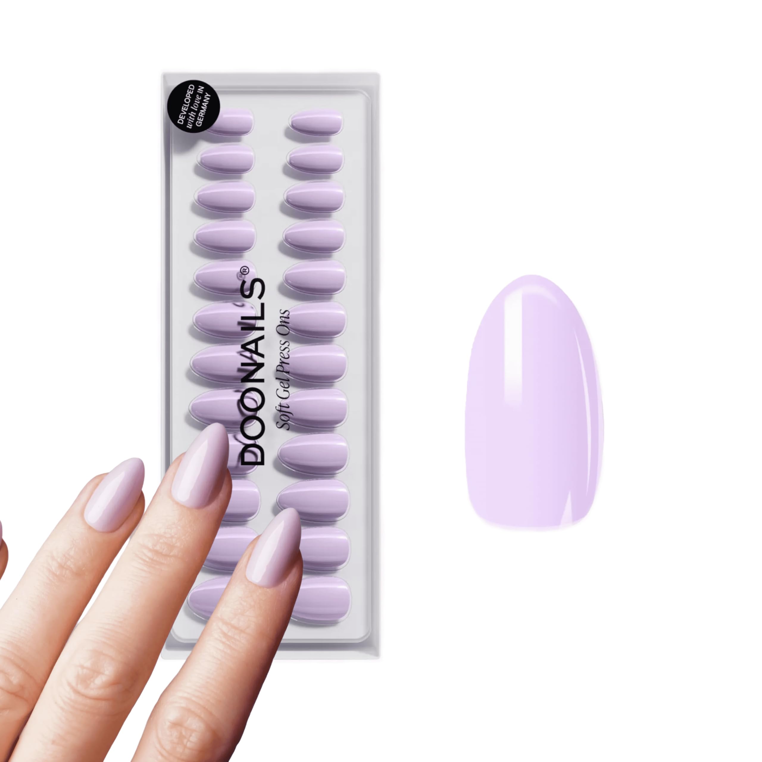 DOONAILS – Press On Nails 30er Set Lavender Mist Almond Form Flieder/Lila – Nägel zum Aufkleben Full Cover in Salonqualität – Fake nails soft gel Short – Natürliches & angenehmes Tragegefühl