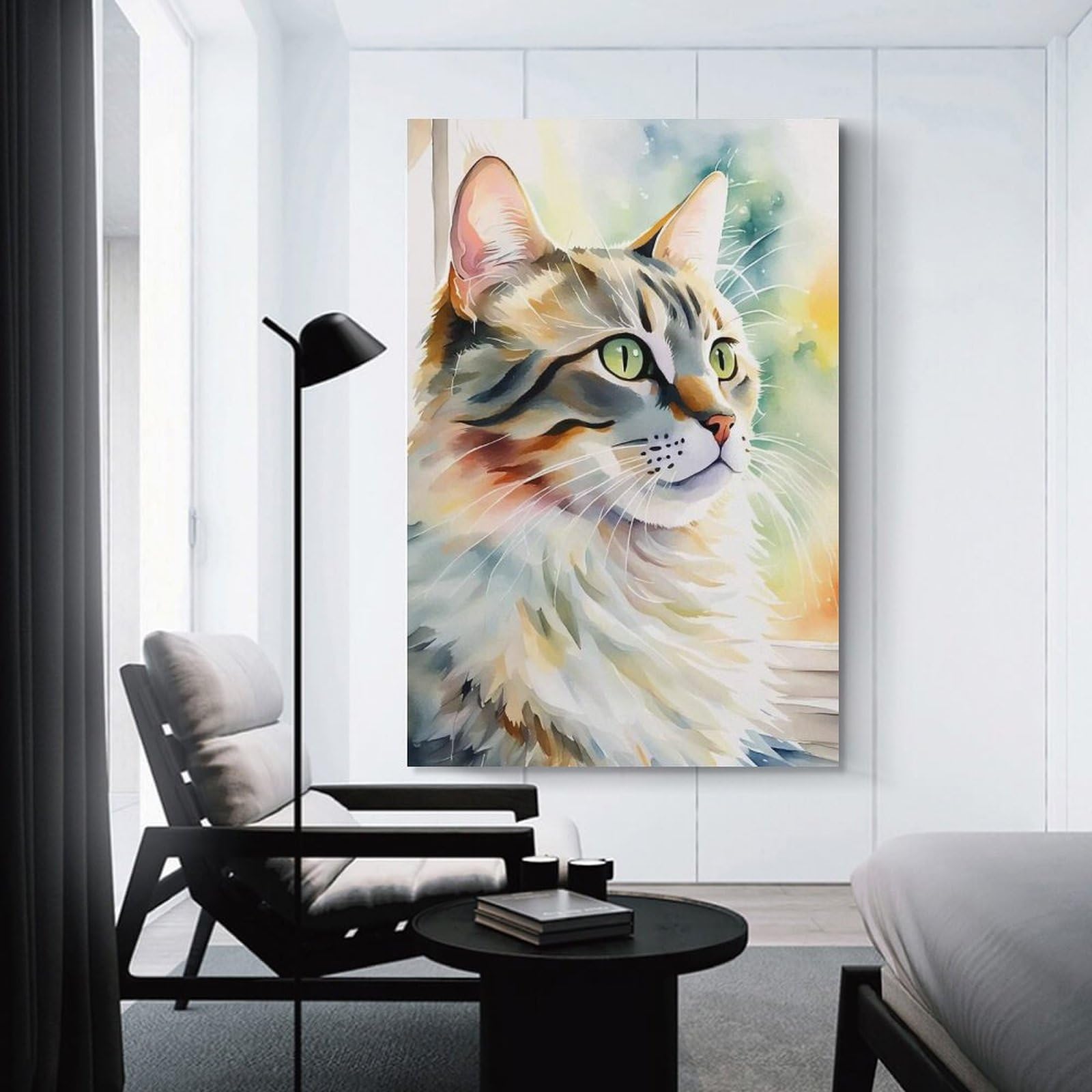 Junmoney Watercolor Cat Portrait Blissful Cat Whiskers Wall Picture Print 20x30inch(50x75cm), for Lounge Decor, Offices Or Entryway Styling, A Flexible Wall Accent for Shared Spaces