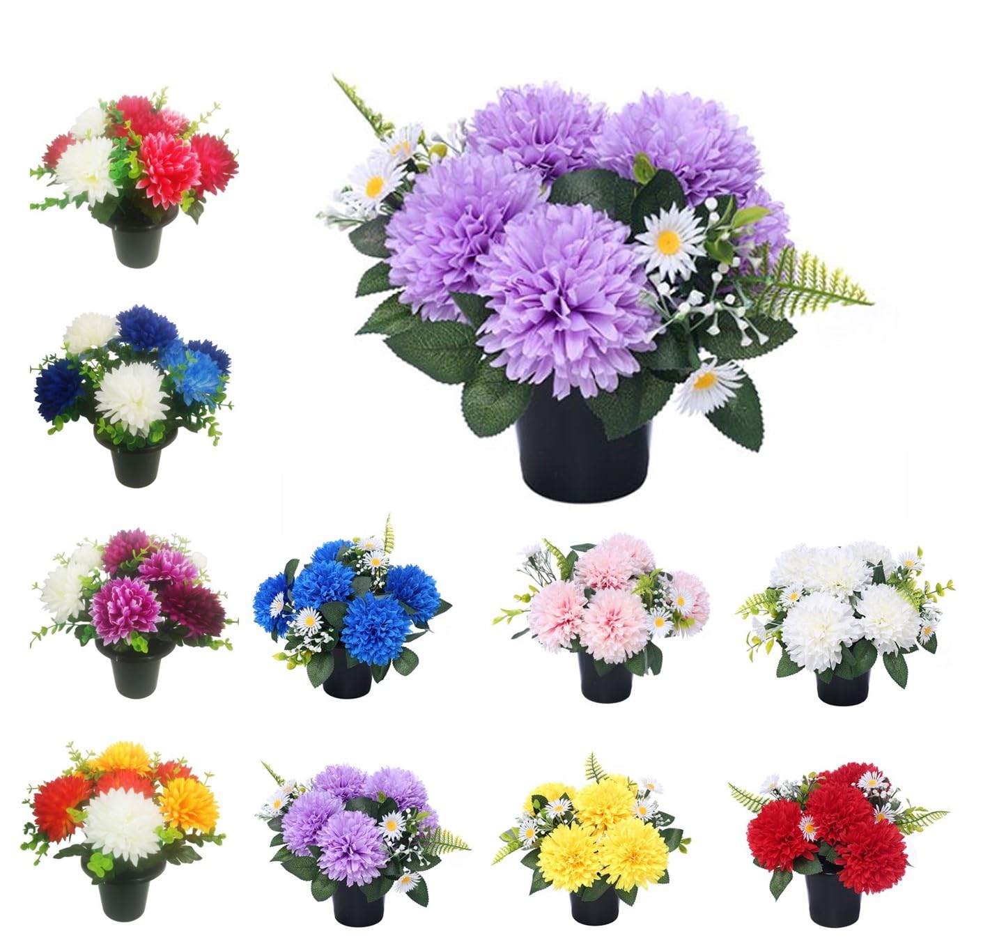 Chrysanthemum & Daisy Grave Flower Pots | Artificial Flowers For Graves | Cemetery Funeral & Floral Decorations | Grave Flowers | Long Lasting Design & Quality (Lilac Chrysanthemum & Daisy)