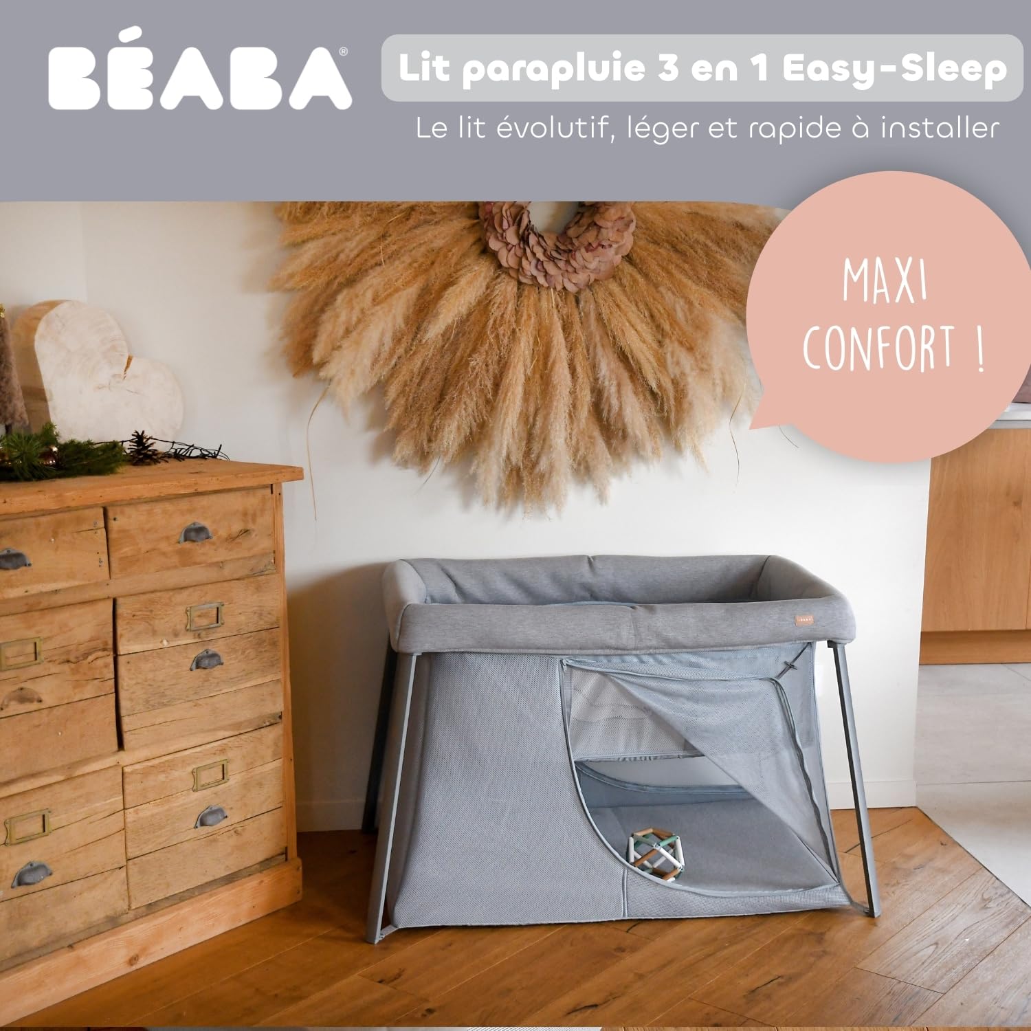 BÉABA, Lit parapluie 3 en 1, Berceau Bébé, Lit d'appoint, Parc, Evolutif, Léger - 6.8Kg, Pliable, Compact, Sac Transport et Matelas inclus, Tissu Respirant et Oeko-Tex, Gris chiné/Galet