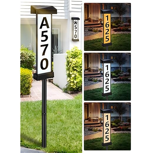 DBF Solar Address Sign, Dual-Sided House Numbers for Outside Waterproof, 3 Colors LED Illuminated Solar Powered Address Plaque with Stakes, Outdoor House Number for Yard Street Home Garden