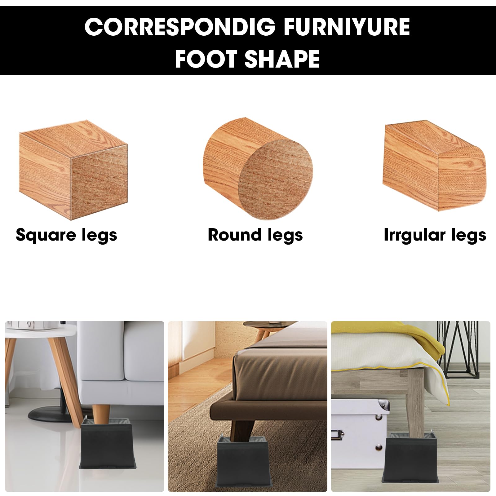 MYMULIKE Elevadores de cama de 6 pulgadas, resistentes para muebles, hasta 6000 libras, bloques de elevación de cama para sofá, escritorio, sofá, mesa, estantería (negro, paquete de 4, 6 pulgadas)