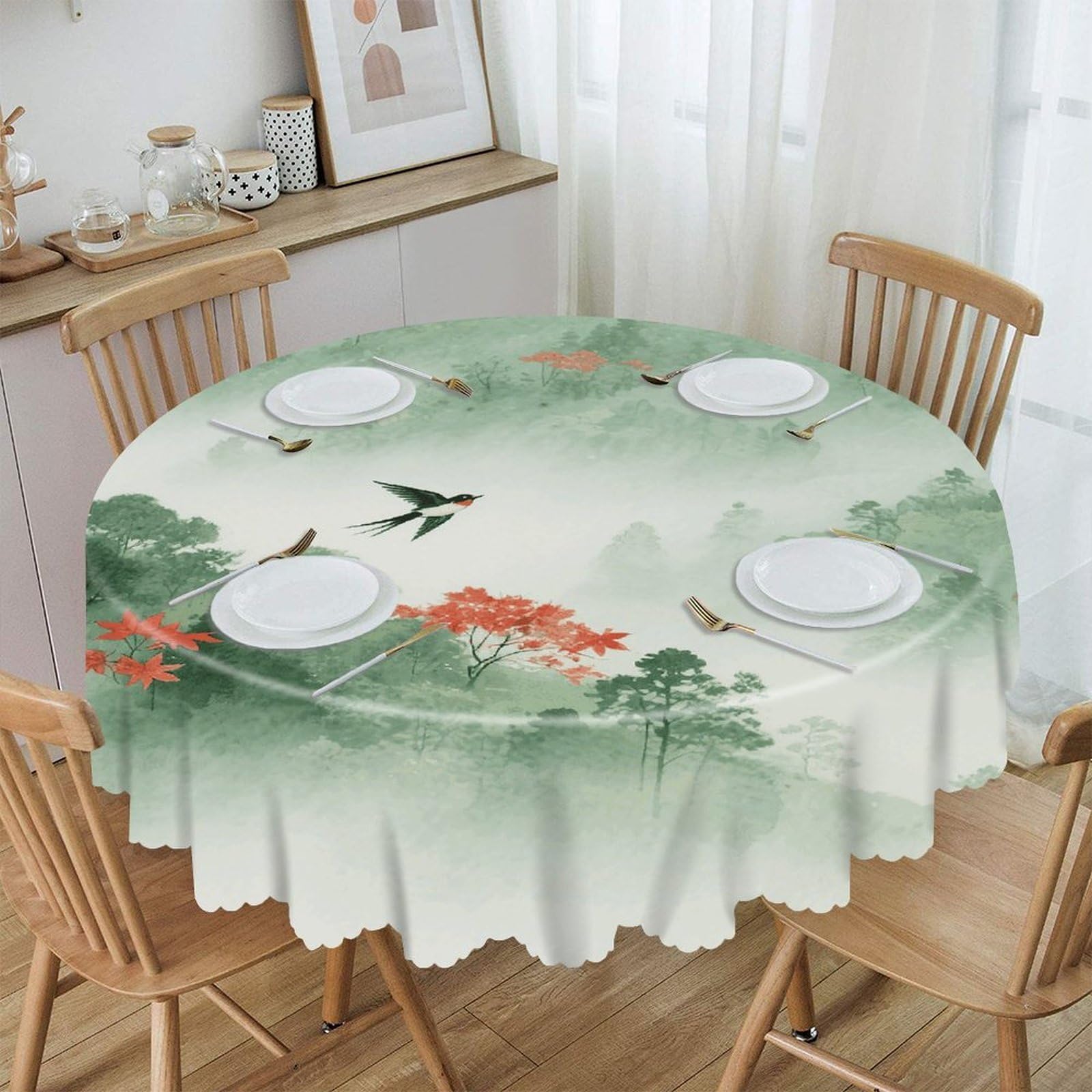VstaDank Mountain Forest Round Tablecloth Wipeable Round Polyester Tablecloth Waterproof Wrinkle Free Indoor and Outdoor Table Cover 60 Inch Decorative Farmhouse Table Cloth for Dining