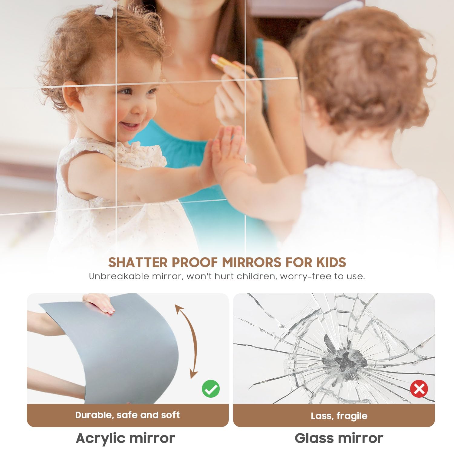 4PCS 14"x12" Full Length Wall Mirror Tiles,Wall Mirrors Decorative Shatterproof Self Adhesive Glass Mirror Tiles for Bedroom,Dorm, Gym