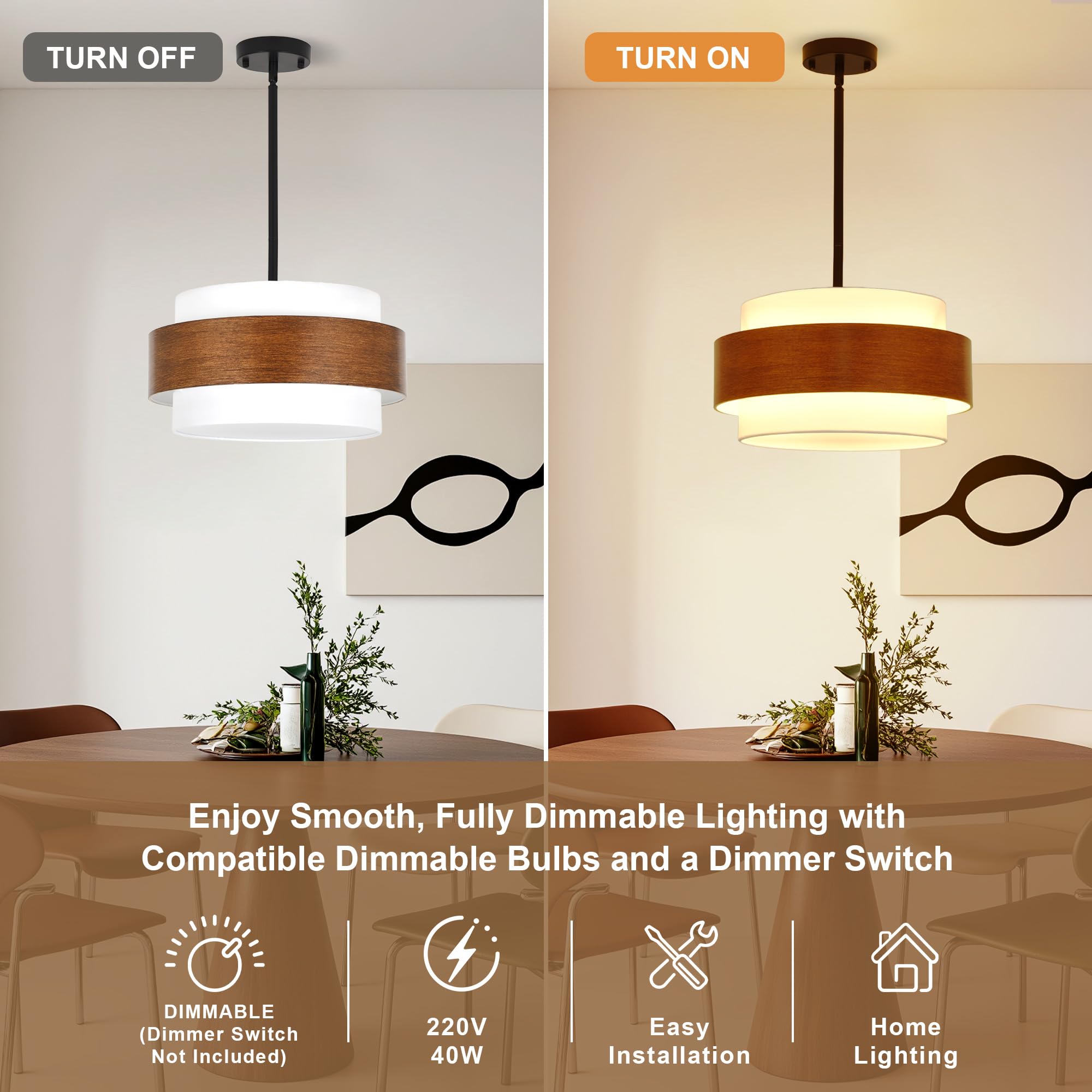 Lustre Teinte Bois, Lustre Moderne à 4 Lumières Rond en Forme de Tambour