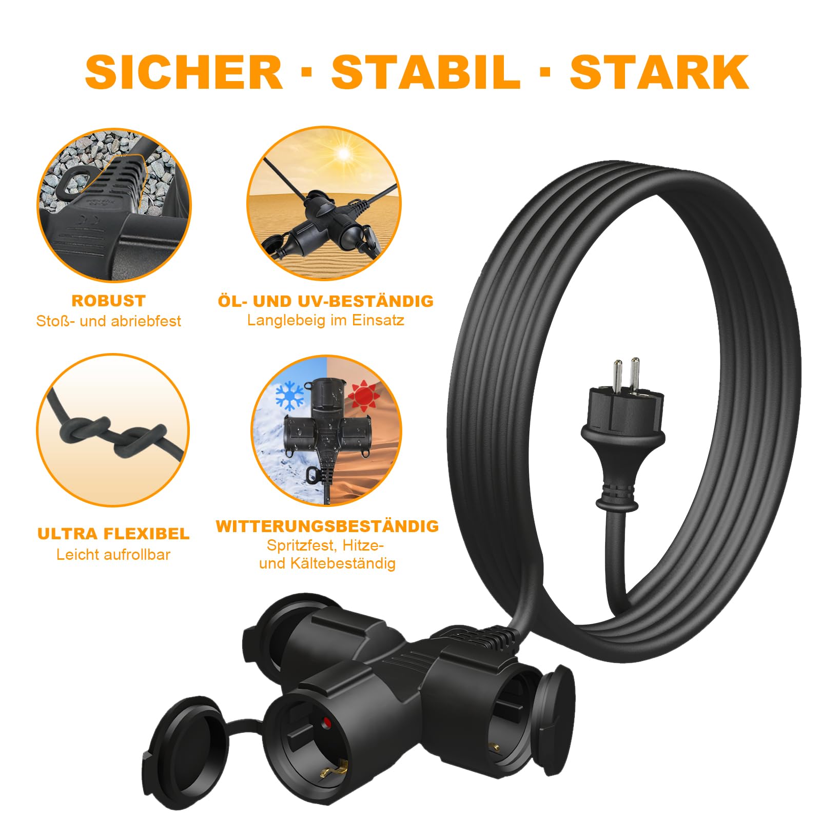 Cavo di prolunga per esterni, 15 m, con 3 prese Schuko, prolunga in gomma da 3500 W, con tappo di protezione per esterni, IP44, cavo di alimentazione H05RR-F 3G1,5 mm² con 3 collettore a 3 scomparti,
