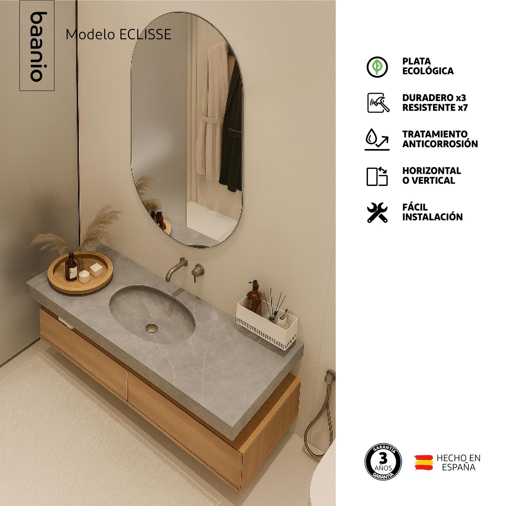Eclisse - Espejo Baño Ovalado 60x100 | Espejo de Cristal de 4 mm, Plata Ecológica y Fácil Instalación | Montaje Horizontal o Vertical | Diseño Moderno
