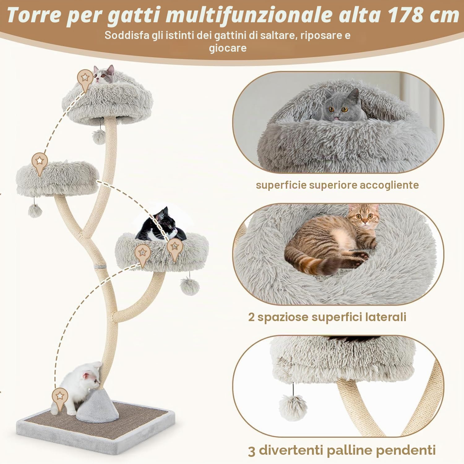 FANTASK Tiragraffi in legno da 178 cm, con 3 superfici calde, grigio, grande con palline di peluche e tronchi di sisal, mobili per gatti, torre per gatti con struttura in metallo