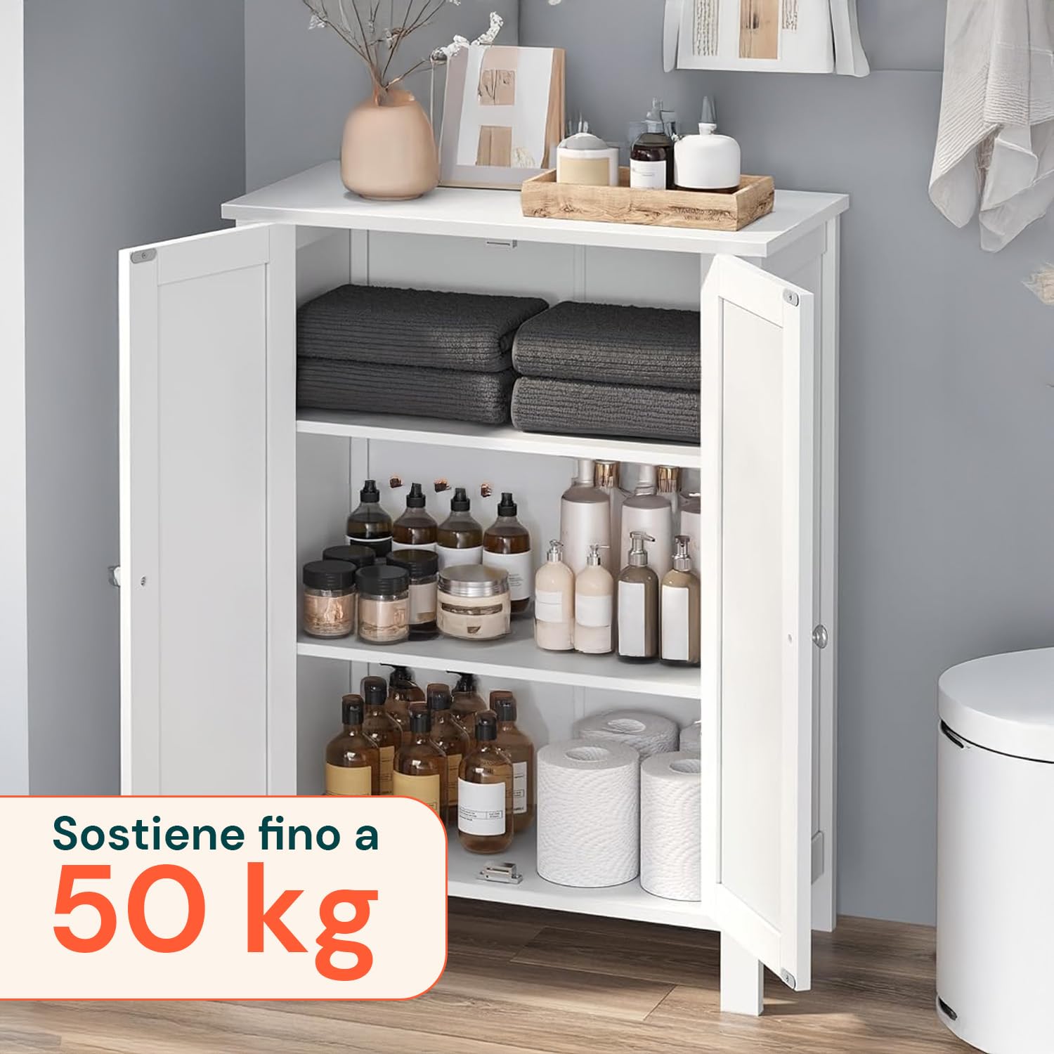 Avilia - Mobiletto Bagno Salvaspazio in MDF con 3 Ripiani Regolabili e 2 Ante con Chiusura Magnetica, Armadietto Multiuso Compatto per Organizzare Casa, Ideale per Bagno Cucina o Ingresso