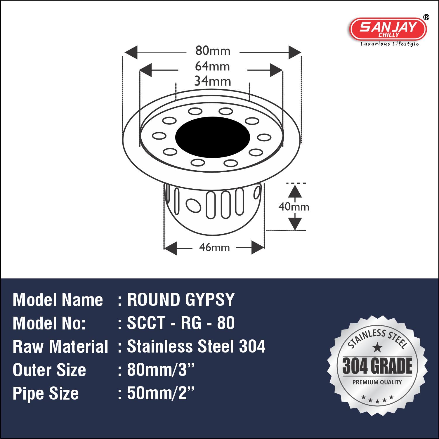 Sanjay Chilly Round Gypsy Cockroach Trap (80mm) 3 INCH Floor Drain Jali 304 Grade Stainless Steel Kitchen Floor Trap Anti Cockroach & Insects Long Lasting for Bathroom 2