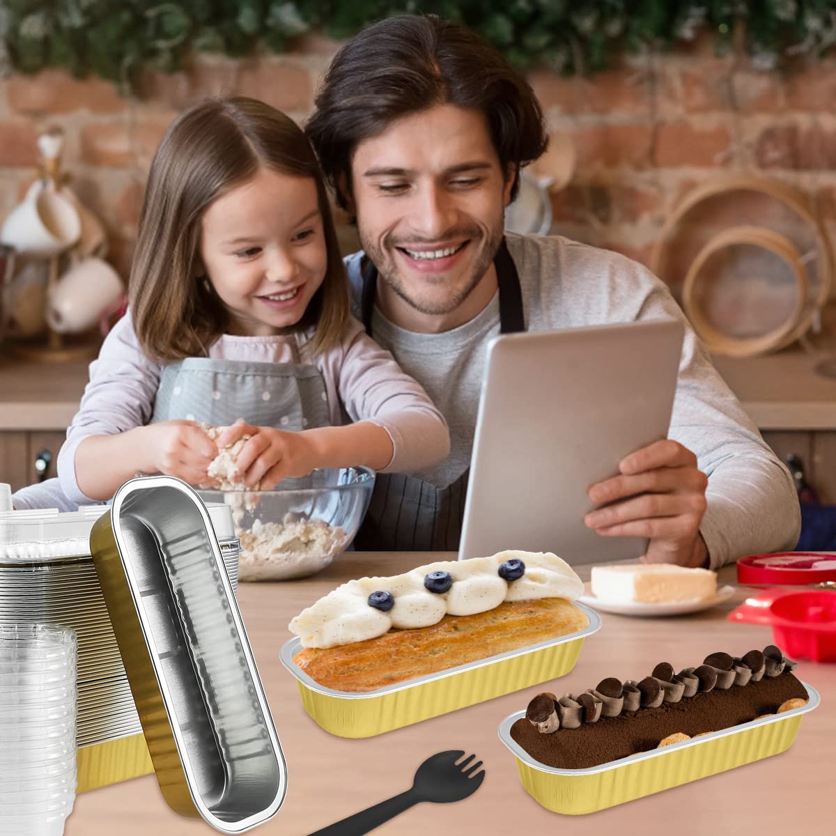 Mini moldes para pan con tapas y cucharas, paquete de 50 moldes de aluminio de 200 ml, recipiente rectangular antiadherente para pan, moldes estrechos resistentes al calor, latas desechables para
