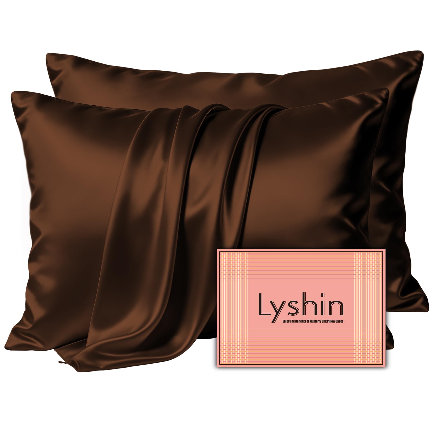 LYSHIN Silk Pillow Cases 2 Pack King Size with Zipper, Brown